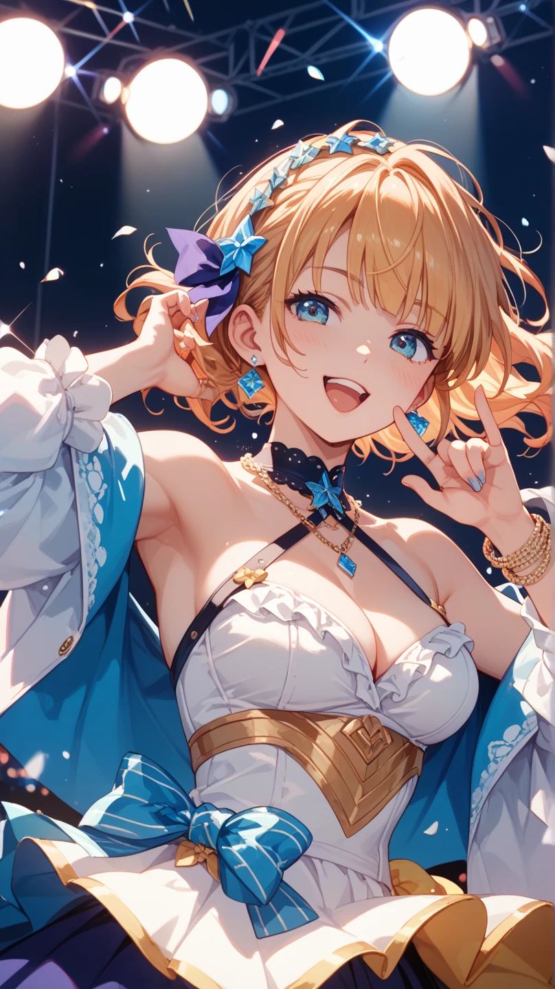 ((masterpiece, best quality;1.3)), ultra detailed, 8k unity wallpapers, CG, ray tracing, illustration, colorful, cinematic shadow, extremely detailed and beautiful background,vhd, shadering VRay,RT, 1girl, teenage, petite, loli, blush, solo, blue eyes, (blush), (blonde hair), (medium hair), (?????????????), slim waist, white glowing skin, highly detailed beautiful face, beautiful face, beautiful eyes, (talented Lo-Fi:1.3), ?????, ????, ????, ((goddess)), ((intricate hair ornament)), ((miniskirt)), detached sleeves, ((frilled dress)), thigh strap, arms behind back,  ((colorful explosion psychedelic paint colors)), close-up, glowing, glowing light, ultra detailed, scenic, atmospheric