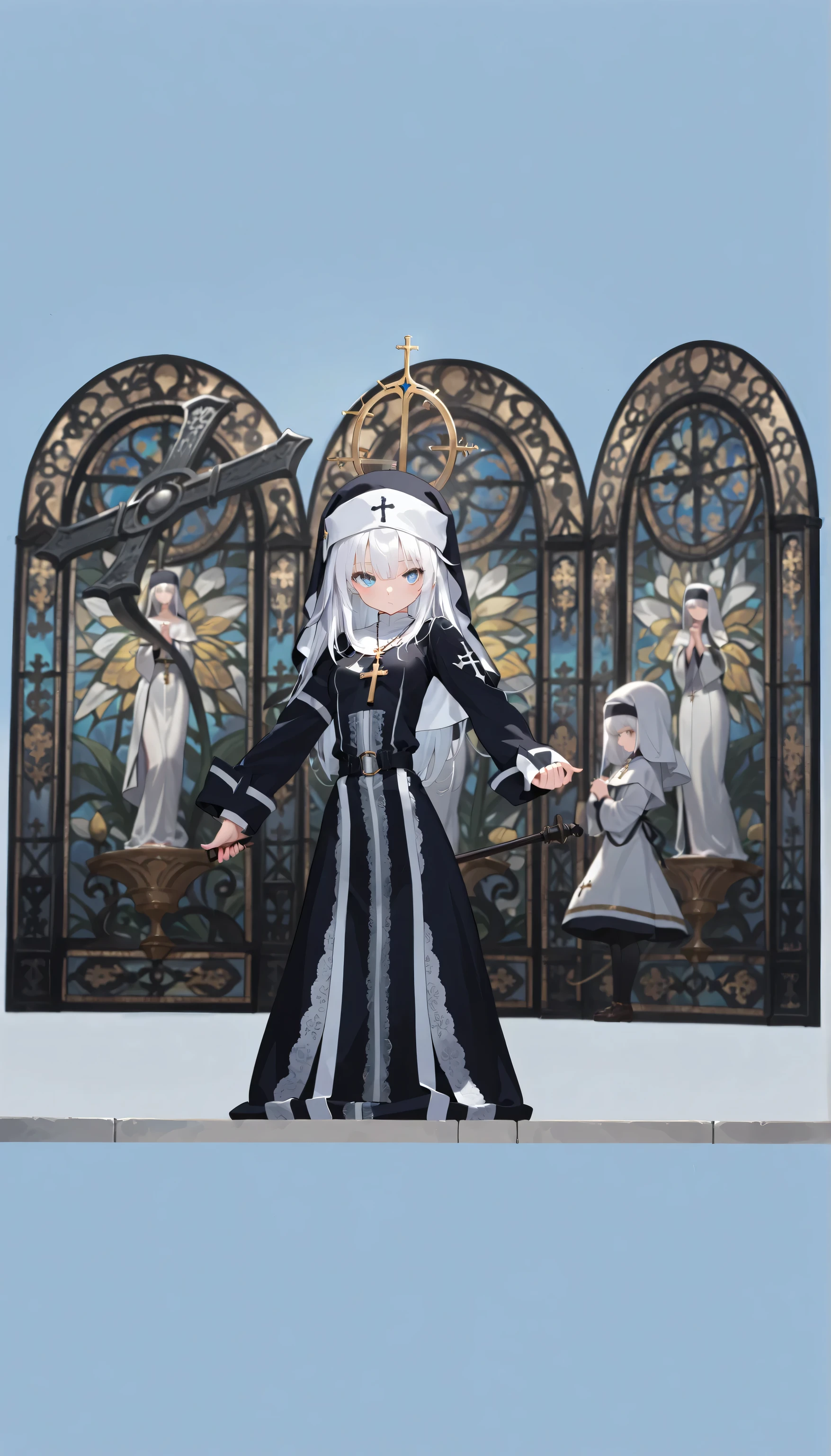 (masterpiece, best quality:1.2), looking at viewer, own hands together, nun hood, nun outfit, cross necklace, church 1girl, Albino, white hair, blue eyes,