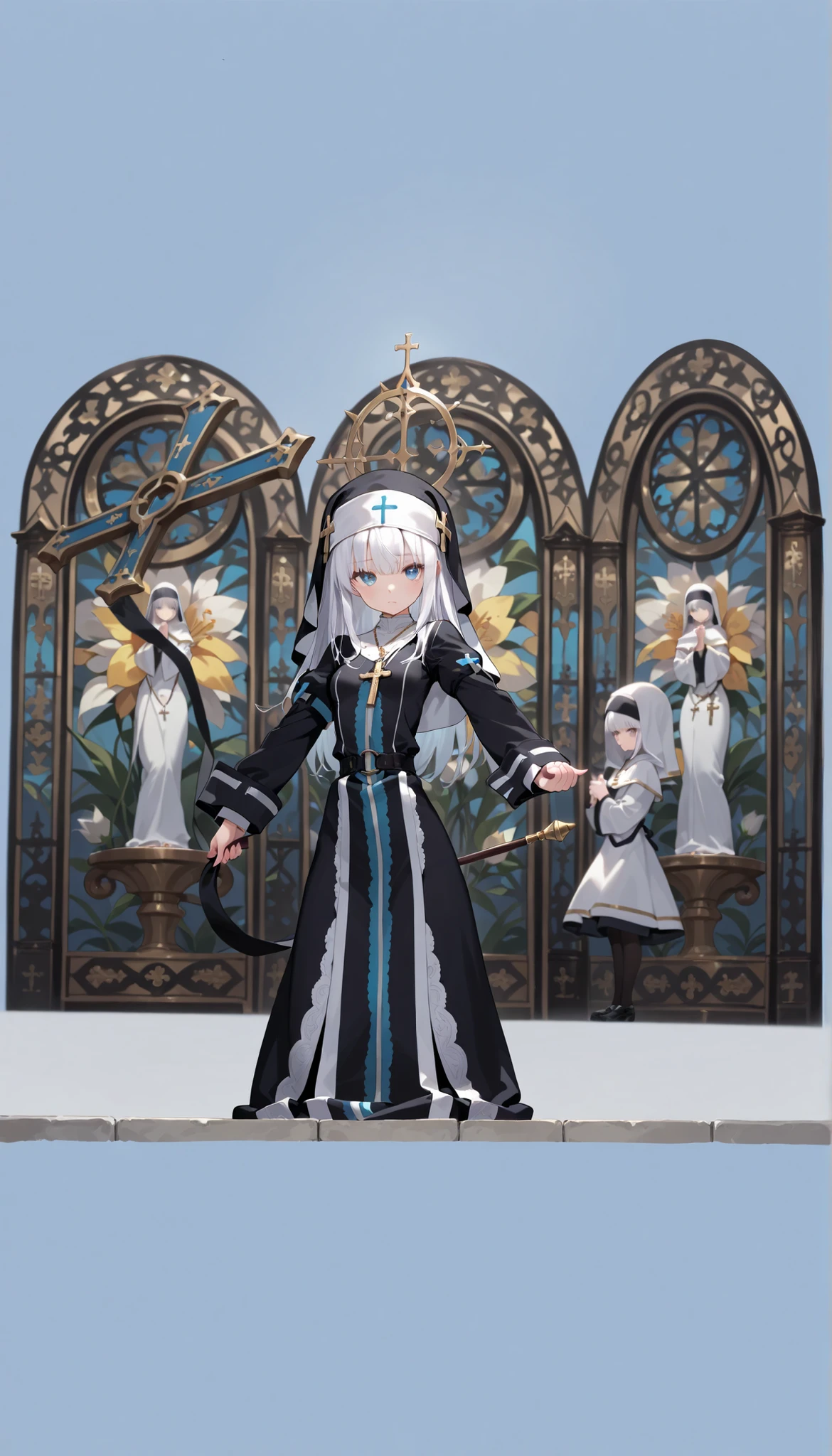 (masterpiece, best quality:1.2), looking at viewer, own hands together, nun hood, nun outfit, cross necklace, church 1girl, Albino, white hair, blue eyes,