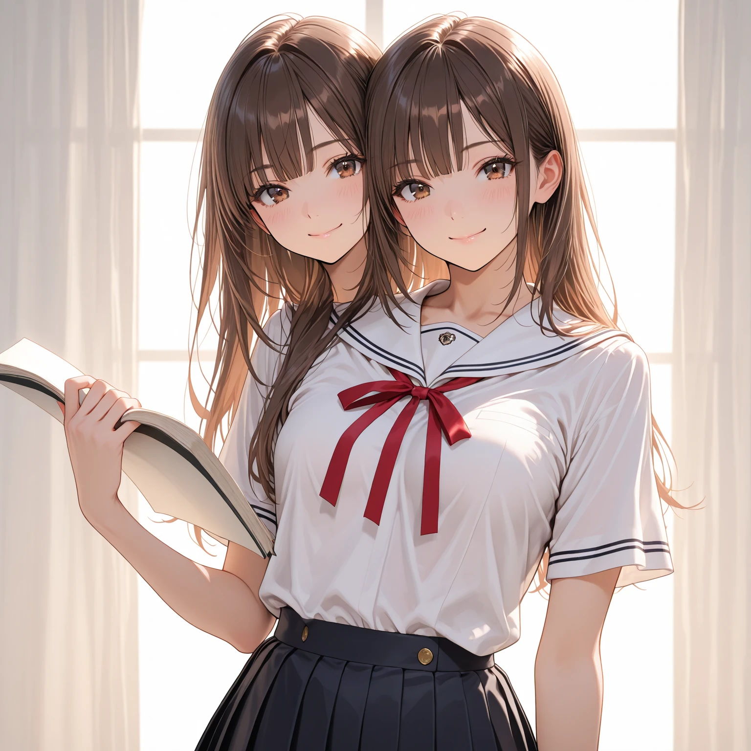 High school girls standing with their arms around each other in the classroom、 smile、