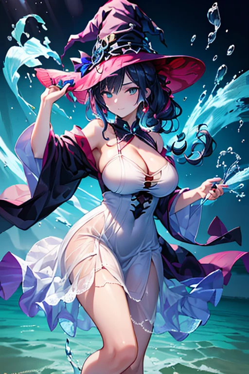 This is a Japanese pool、A woman in  changing clothes by the pool、she is wearing  、、Sexy sheer -18 、 manga、 illustration、adult doujinshi、They have pubic hair growing on their thighs.、A woman with a good amount of flesh、He wears a large black witch hat with sapphire accessories、huge tit、爆乳、超huge tit、Too big milk、