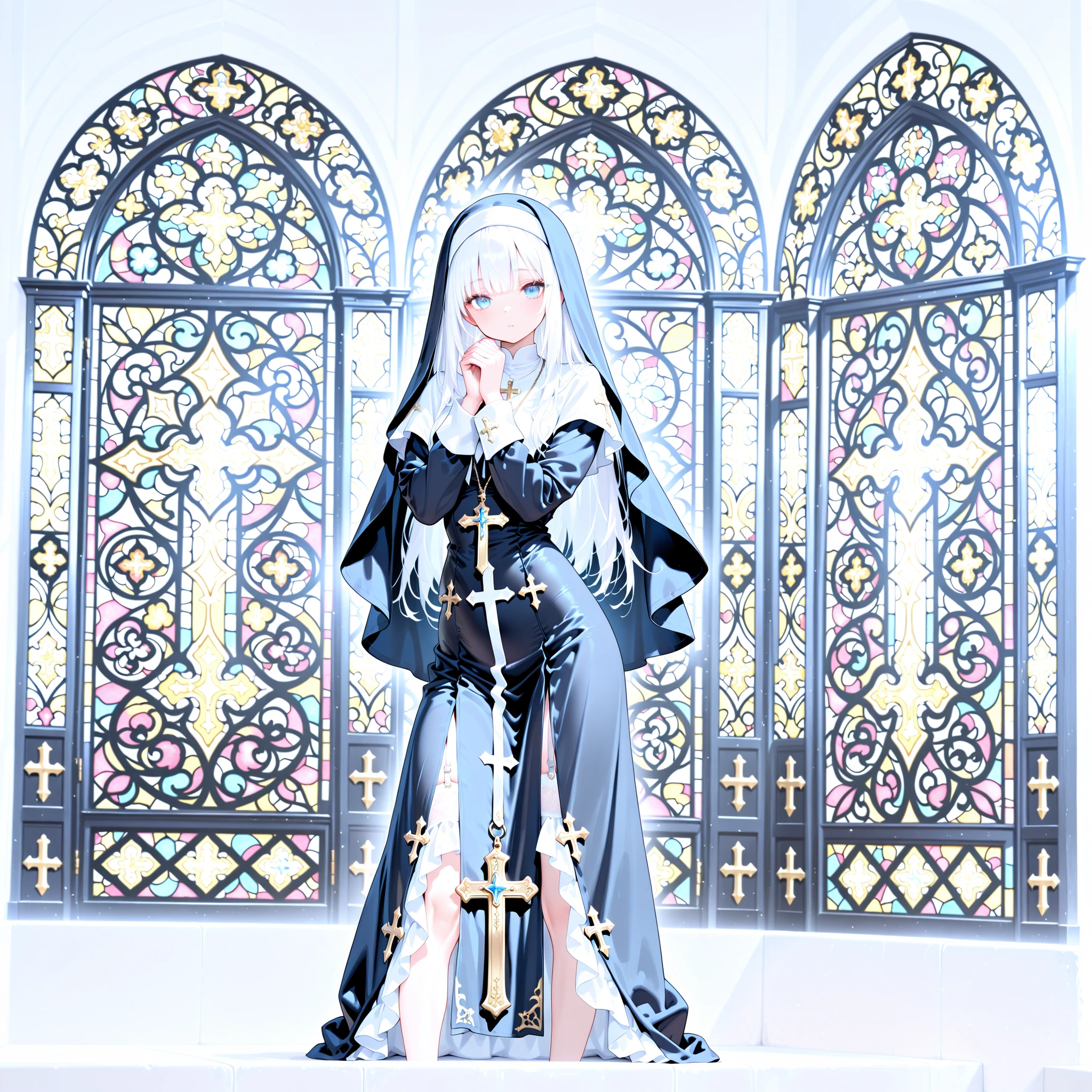 (masterpiece, best quality:1.2), looking at viewer, own hands together, nun hood, nun outfit, cross necklace, church 1girl, Albino, white hair, blue eyes,
