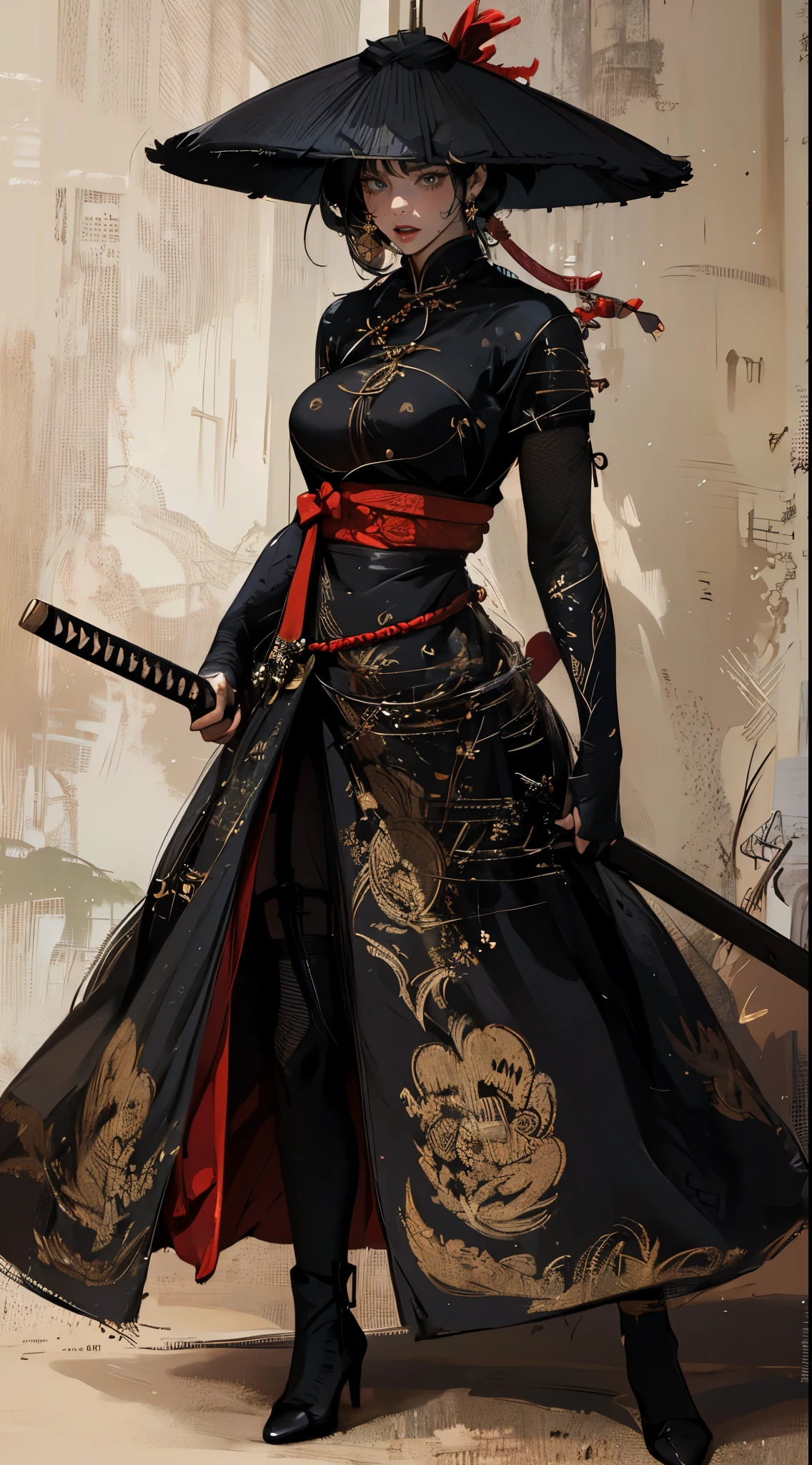 (absurdres, highres, super high resolution), Trending at Art Station and Pixive, (solo), (1girl:1.5), ((white background))), ((( visible chest bone ))), (((Big breasts))), side slit skirt, Chinese Three Kingdoms dress costume, ((fishnet stockings)), Samurai girl, lingerie for beautiful women, garter belt, lips, open mouth, Chinese dress, Hanbok, colorful hair ornaments, metal jewelry , A huge weapon