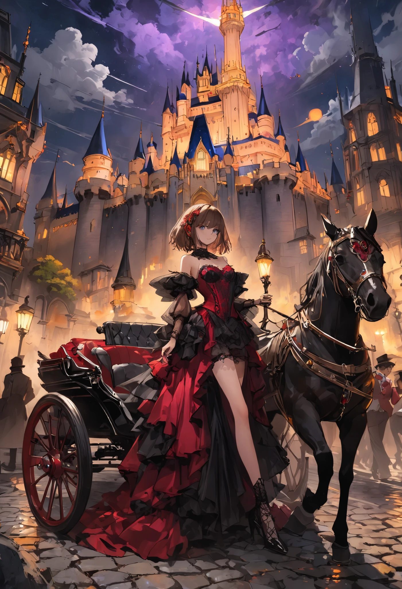 brown hair,shortcuts,unkempt hair,Short braided hair,Neat,スレンダー美people,correct attitude,small breasted,beautiful legs,The enchanting gray-blue eyes are shining like stars,Saggy Eyes,bright color,beautiful eyes,A delicate smile,cowboy shot、gothic parade、(((classic cars)))、gothic girl、((背後に黒いpeople々The march of))、((people々silhouette with 2 heads))、Tokyo Cinderella Castle, people々Passes by,heavy and glamorous atmosphere、gorgeous float、A horse-drawn carriage drawn by a jet black horse、masquerade costumes、Elegant decoration、frills、race、gold embroidery、crimson and purple velvet、fiery torches、Night City、Cobblestone、majestic architecture、Contrast of Shadow and Light、Mysterious、fantastic、dramatic、High Fine、meteor、空から降り注ぐmeteor、無数のmeteor群、Textured Skin,best quality,gentle and beautiful woman,anime style、high quality lighting、add a bit of cyberpunk vibe、emphasis on detail、8K、masterpiece、Art Station、cinematic、volumetric lighting、cinematic vibe、Decadent Beauty、deep composition、