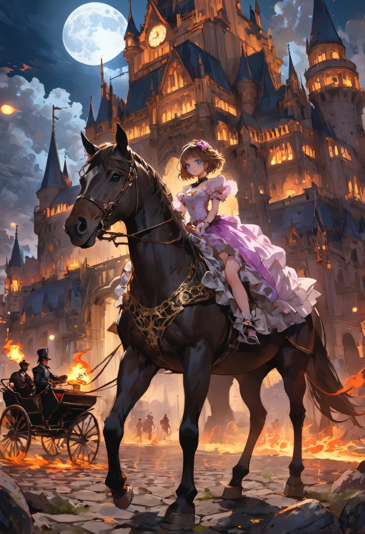 brown hair，shortcuts，unkempt hair，Short braided hair，Neat，スレンダー美people，correct attitude，small breasted，beautiful legs，The enchanting gray-blue eyes are shining like stars，Saggy Eyes，bright color,beautiful eyes,A delicate smile,cowboy shot、meteor、空から降り注ぐmeteor、無数のmeteor群、White Moon、gothic parade、(((classic cars)))、gothic girl、((背後に黒いpeople々The march of))、((people々silhouette with 2 heads))、Tokyo Cinderella Castle, people々Passes by,heavy and glamorous atmosphere、gorgeous float、A horse-drawn carriage drawn by a jet black horse、masquerade costumes、Elegant decoration、frills、race、gold embroidery、crimson and purple velvet、fiery torches、Night City、Cobblestone、majestic architecture、Contrast of Shadow and Light、Mysterious、fantastic、dramatic、High Fine、meteor、空から降り注ぐmeteor、無数のmeteor群、Textured Skin,best quality,gentle and beautiful woman,anime style､high quality lighting、add a bit of cyberpunk vibe、emphasis on detail、8K、masterpiece、Art Station、cinematic、volumetric lighting、cinematic vibe、Decadent Beauty、deep composition、