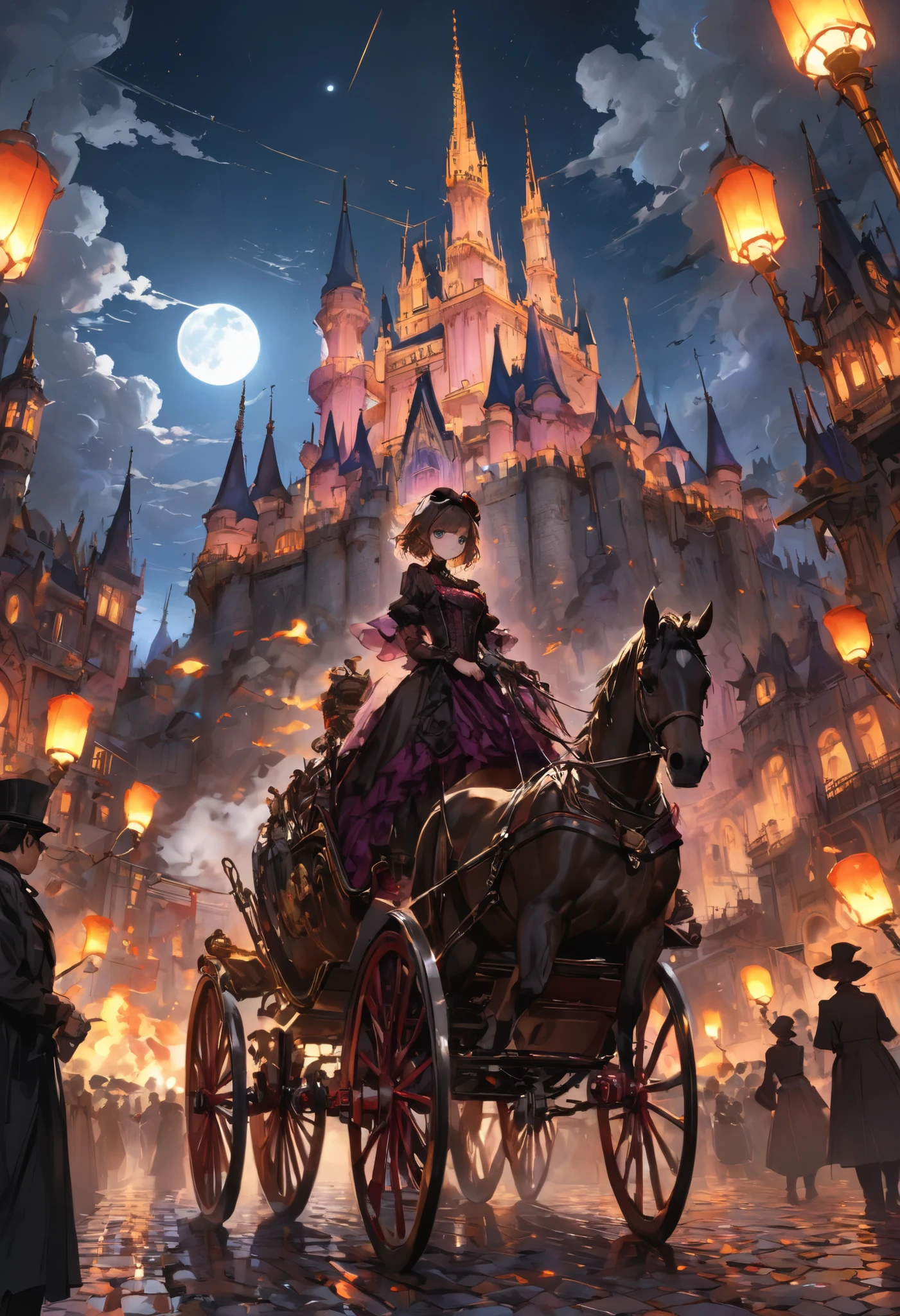 brown hair，shortcuts，unkempt hair，Short braided hair，Neat，スレンダー美people，correct attitude，small breasted，beautiful legs，The enchanting gray-blue eyes are shining like stars，Saggy Eyes，bright color,beautiful eyes,A delicate smile,cowboy shot、meteor、空から降り注ぐmeteor、無数のmeteor群、White Moon、gothic parade、(((classic cars)))、gothic girl、((背後に黒いpeople々The march of))、((people々silhouette with 2 heads))、Tokyo Cinderella Castle, people々Passes by,heavy and glamorous atmosphere、gorgeous float、A horse-drawn carriage drawn by a jet black horse、masquerade costumes、Elegant decoration、frills、race、gold embroidery、crimson and purple velvet、fiery torches、Night City、Cobblestone、majestic architecture、Contrast of Shadow and Light、Mysterious、fantastic、dramatic、High Fine、meteor、空から降り注ぐmeteor、無数のmeteor群、Textured Skin,best quality,gentle and beautiful woman,anime style､high quality lighting、add a bit of cyberpunk vibe、emphasis on detail、8K、masterpiece、Art Station、cinematic、volumetric lighting、cinematic vibe、Decadent Beauty、deep composition、