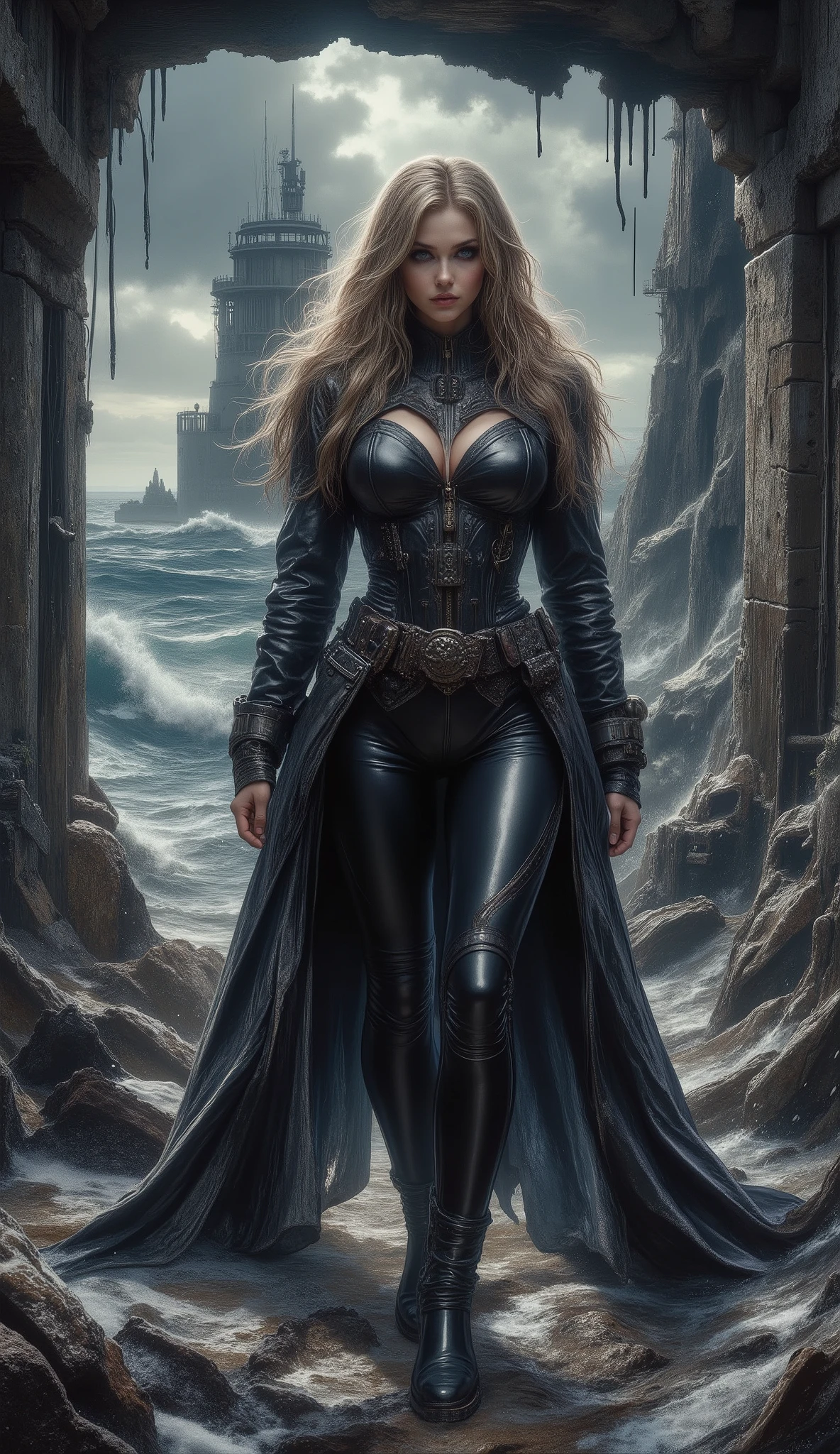 beautiful sexy sensual bombshell, slim woman, 30 years old, blonde hair, large breasts, tight short black latex balloon coat with wide belt , high-heeled boots in the background, ruins of an abandoned Russian nuclear bunker built in the 1950s, cracked concrete, protruding steel bars, on the coast of the North Sea, rusty metal machine wreckage in the foreground, winter snowfall, fog, dull lights, gloomy storm clouds, apocalyptic, oppressive atmosphere, elaborate small Ruins of an abandoned Russian lighthouse built in the 1950s on the northern coast of the sea dark night Winter snowfall Dull lights Gloomy storm clouds