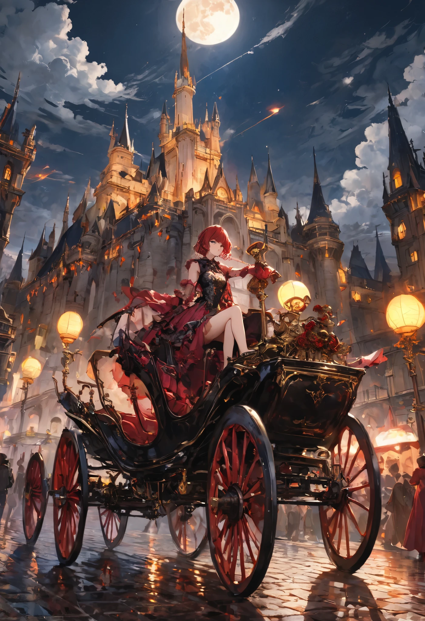 brown hair，shortcuts，unkempt hair，Short braided hair，Neat，スレンダー美people，correct attitude，small breasted，beautiful legs，The enchanting gray-blue eyes are shining like stars，Saggy Eyes，bright color,beautiful eyes,A delicate smile,cowboy shot、meteor、空から降り注ぐmeteor、無数のmeteor群、White Moon、gothic parade、(((classic cars)))、gothic girl、((背後に黒いpeople々The march of))、((people々silhouette with 2 heads))、Tokyo Cinderella Castle, people々Passes by,heavy and glamorous atmosphere、gorgeous float、A horse-drawn carriage drawn by a jet black horse、masquerade costumes、Elegant decoration、frills、race、gold embroidery、crimson and purple velvet、fiery torches、Night City、Cobblestone、majestic architecture、Contrast of Shadow and Light、Mysterious、fantastic、dramatic、High Fine、meteor、空から降り注ぐmeteor、無数のmeteor群、Textured Skin,best quality,gentle and beautiful woman,anime style､high quality lighting、add a bit of cyberpunk vibe、emphasis on detail、8K、masterpiece、Art Station、cinematic、volumetric lighting、cinematic vibe、Decadent Beauty、deep composition、