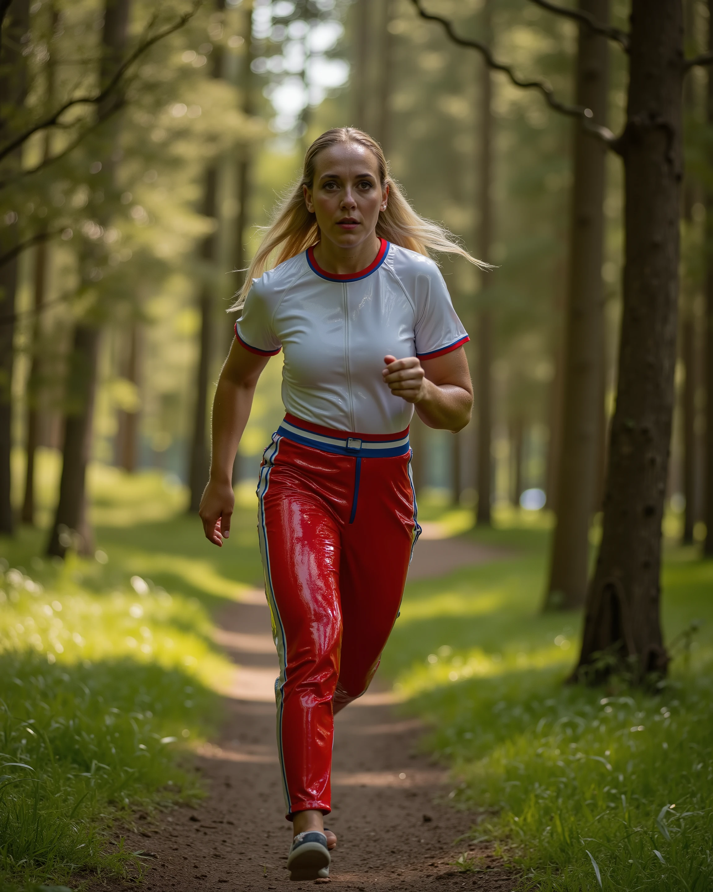 a 40 year old black woman that is tall and thin with long blond hair wearing red and blue striped latex pants, wearing a white tshirt, running in a forest, wearing a pradarctrans2003 that has red trim translucent vinyl, the woman is sweating heavily on a sunny day