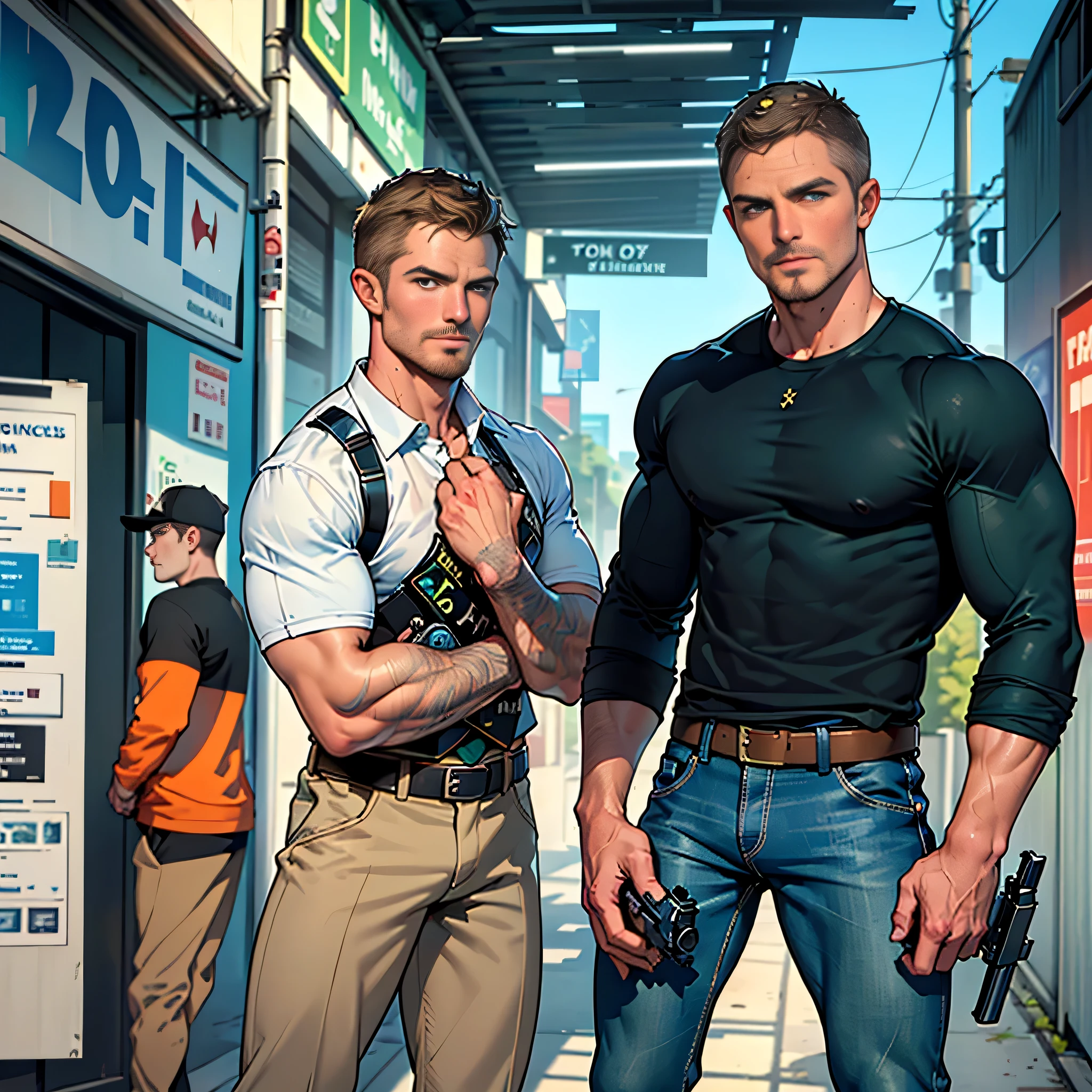 vpl,vpl,1 man, male focus solo,45 yo man, (((Stephen AMELL as private investigator))), lean muscle, open blue shirt, marine blue jeans with brown belt ,( bulge), full body shot, dark blond short hair, BLUE GREEN EYES , well groomed facial hair, (((( HANDS CROSSED , holding TWO guns IN BOTH HANDS LIKE JAMES BOND )))) (((SPREAD LEGS , VERY MANLY APPERANCE ))), ultra high quality, masterpiece, ( ever changing background, blue and white and green arabesques lines in the background)