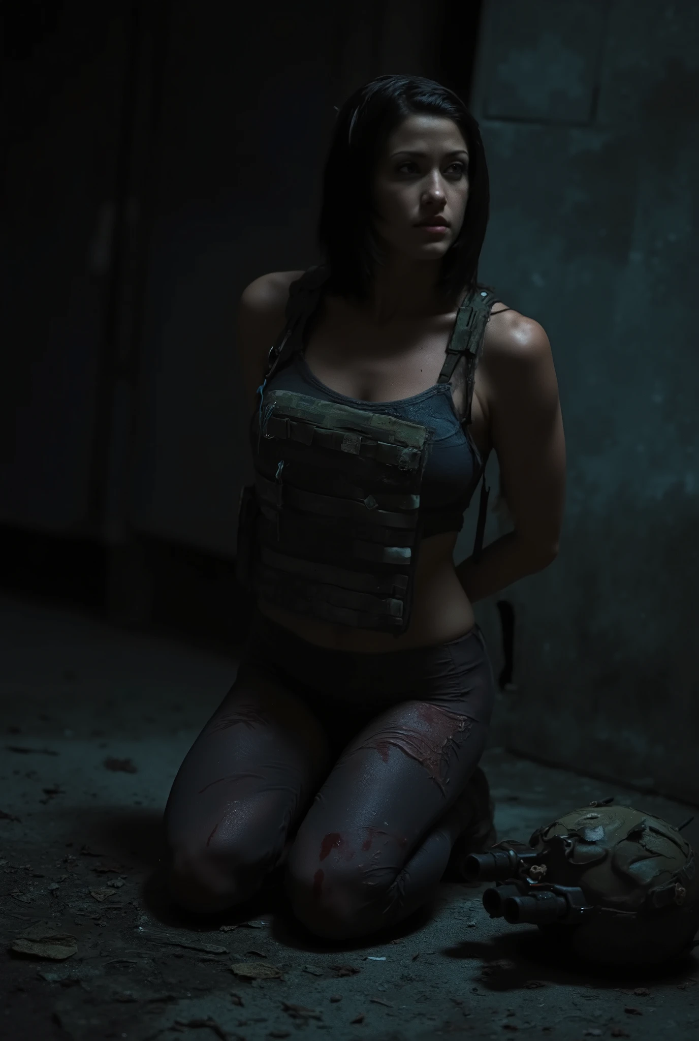a beautiful woman Shannon Elizabeth, gorgeous, hourglass shaped body, wearing a tactical multicam plate carrier and skin tight sexy tactical leggings, leggings and plate carrier are tattered and torn realistically after heavy combat use, she is bloody in several places, 8k, hyper detailed, photorealistic, masterpiece, intricate details, natural lighting, hard shadows, dark at night, gloomy night time, absolutely no sun, it’s midnight, smooth skin texture, delicate facial features, worried and concerned expression. Short hair, bob cut, straight. She is kneeling down on her knees, , her hands are restrained behind her back, gazing up at the viewer with resolve in her eyes. Scene: inside of a darkened, dimly lit concrete prison cell. Debris litters the ground. n0ds dual-tube panoramic optical device two cylindrical lenses attached to the front of the helmet with integrated hearing protection lies on the ground beside her, close up on face, taken from a high angle