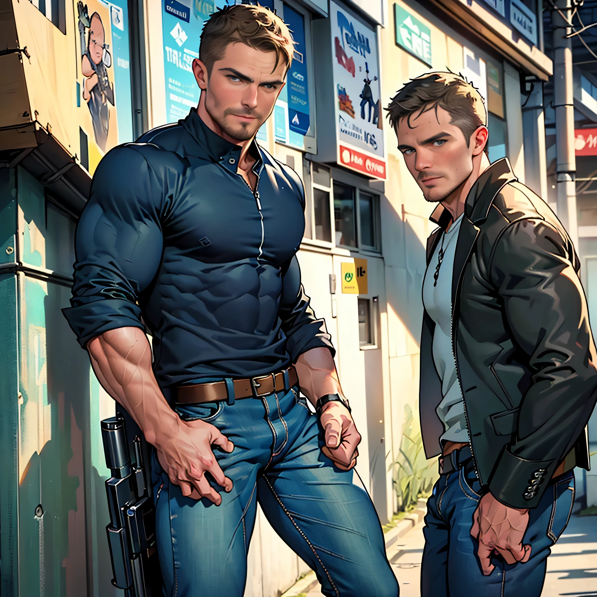vpl,vpl,1 man, male focus solo,45 yo man, (((Stephen AMELL as private investigator))), lean muscle, open blue shirt, marine blue jeans with brown belt ,( bulge), full body shot, dark blond short hair, BLUE GREEN EYES , well groomed facial hair, (((( HANDS CROSSED , holding TWO guns IN BOTH HANDS LIKE JAMES BOND )))) (((SPREAD LEGS , VERY MANLY APPERANCE ))), ultra high quality, masterpiece, ( ever changing background, blue and white and green arabesques lines in the background)