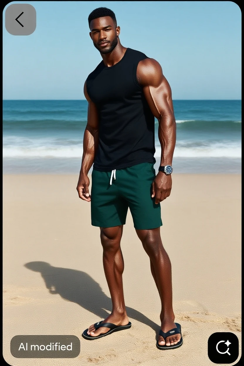 <lora:K1ngabdul:1> (K1ngabdul), african male, muscle, fitness, dark skin, black, fit, male focus, 1boy, solo, photorealistic candid still, sweatshorts, shorts, ((hoodie sweater)), fully clothed, skinny waist, zero percent body fat, vascularity, hazel eyes, clean shaven, smooth everywhere, sun shinning on body, standing on the beach, bulge, RAW, hyper detailed photorealistic, life-like, accurate, proportional, sharp focus, (accurate cinematic lighting), photorealistic detail, (selective focus:0.6)  <lora:lora_perfecteyes_v1_from_v1_160:0.8> photo of perfect eyes <lora:more_details:0.8>