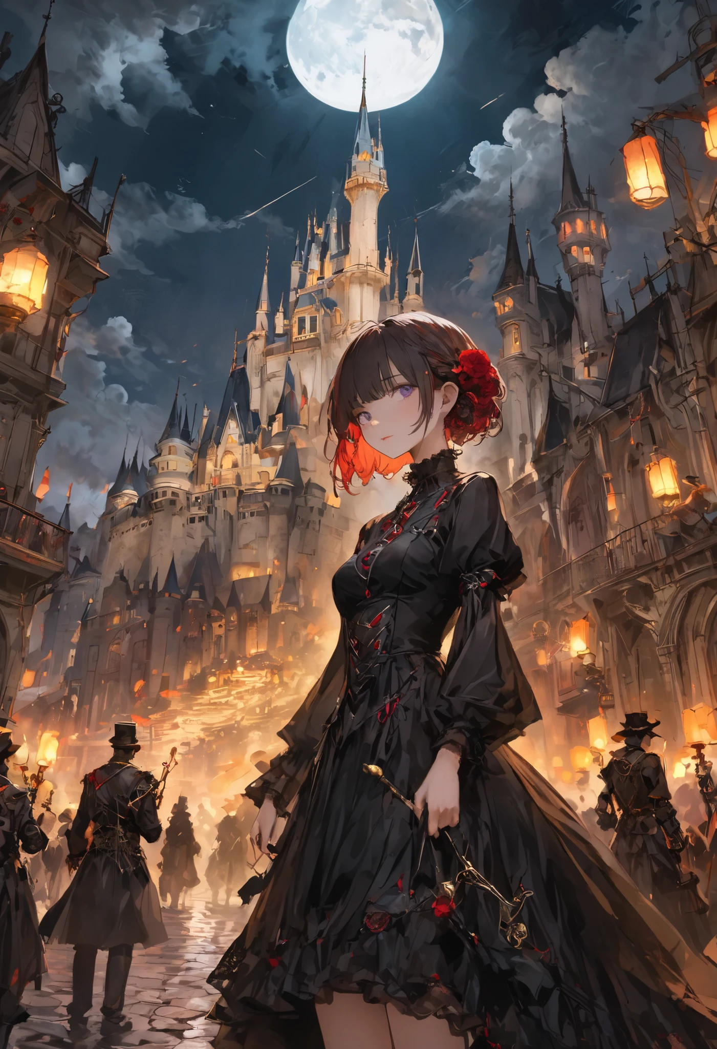 brown hair，shortcuts，unkempt hair，Short braided hair，Neat，スレンダー美people，correct attitude，small breasted，beautiful legs，The enchanting gray-blue eyes are shining like stars，Saggy Eyes，bright color,beautiful eyes,A delicate smile,cowboy shot、meteor、空から降り注ぐmeteor、無数のmeteor群、White Moon、(((gothic parade)))、(((classic cars)))、gothic girl、((背後に黒いpeople々The march of))、((people々silhouette with 2 heads))、Tokyo Cinderella Castle, people々Passes by,heavy and glamorous atmosphere、gorgeous float、A horse-drawn carriage drawn by a jet black horse、masquerade costumes、Elegant decoration、frills、race、gold embroidery、crimson and purple velvet、fiery torches、Night City、Cobblestone、majestic architecture、Contrast of Shadow and Light、Mysterious、fantastic、dramatic、High Fine、meteor、空から降り注ぐmeteor、無数のmeteor群、Textured Skin,best quality,gentle and beautiful woman,anime style､high quality lighting、add a bit of cyberpunk vibe、emphasis on detail、8K、masterpiece、Art Station、cinematic、volumetric lighting、cinematic vibe、Decadent Beauty、deep composition、