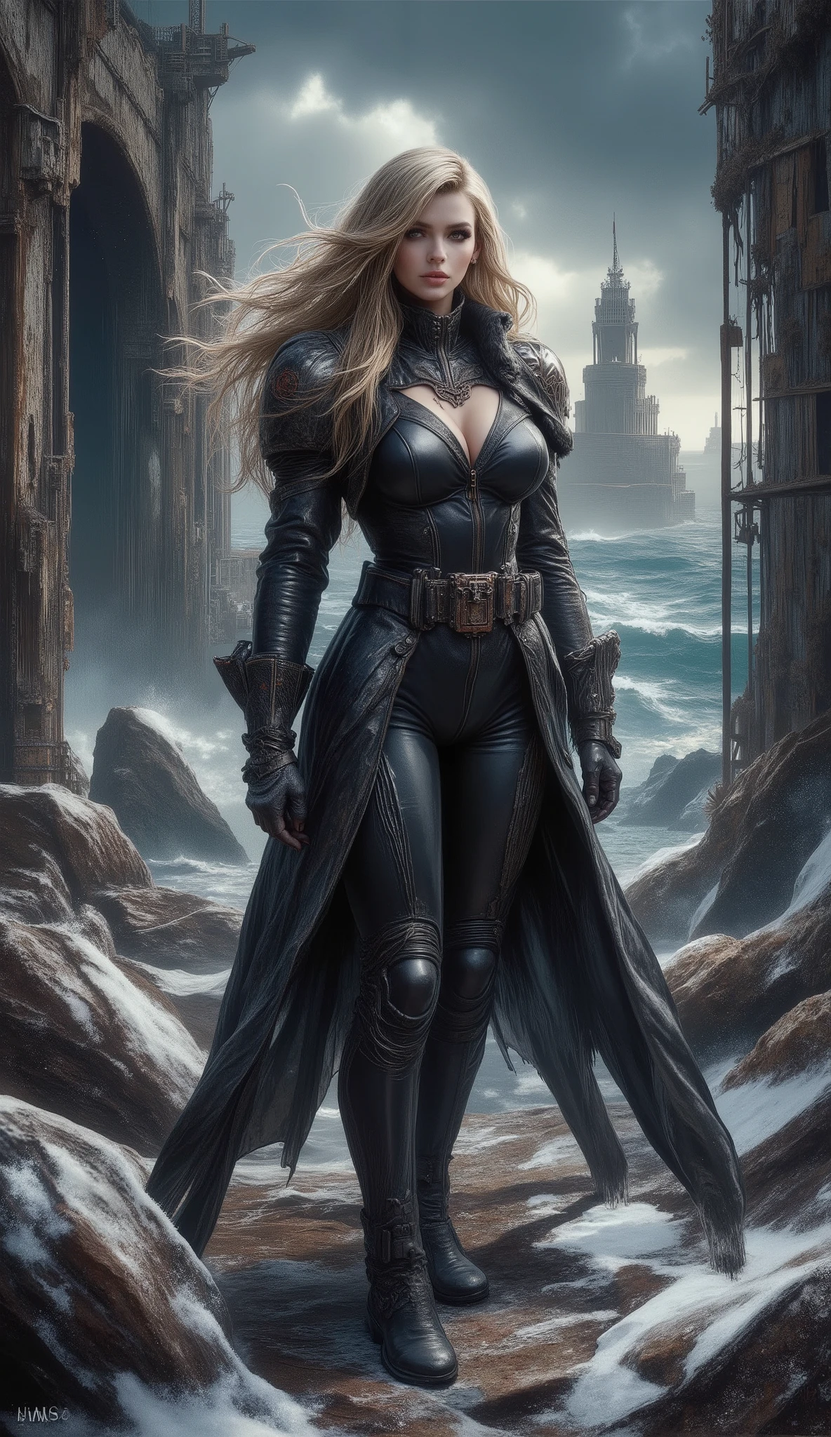 beautiful sexy sensual bombshell, slim woman, 30 years old, blonde hair, large breasts, tight short black latex balloon coat with wide belt , high-heeled boots in the background, ruins of an abandoned Russian nuclear bunker built in the 1950s, cracked concrete, protruding steel bars, on the coast of the North Sea, rusty metal machine wreckage in the foreground, winter snowfall, fog, dull lights, gloomy storm clouds, apocalyptic, oppressive atmosphere, elaborate small Ruins of an abandoned Russian lighthouse built in the 1950s on the northern coast of the sea dark night Winter snowfall Dull lights Gloomy storm clouds