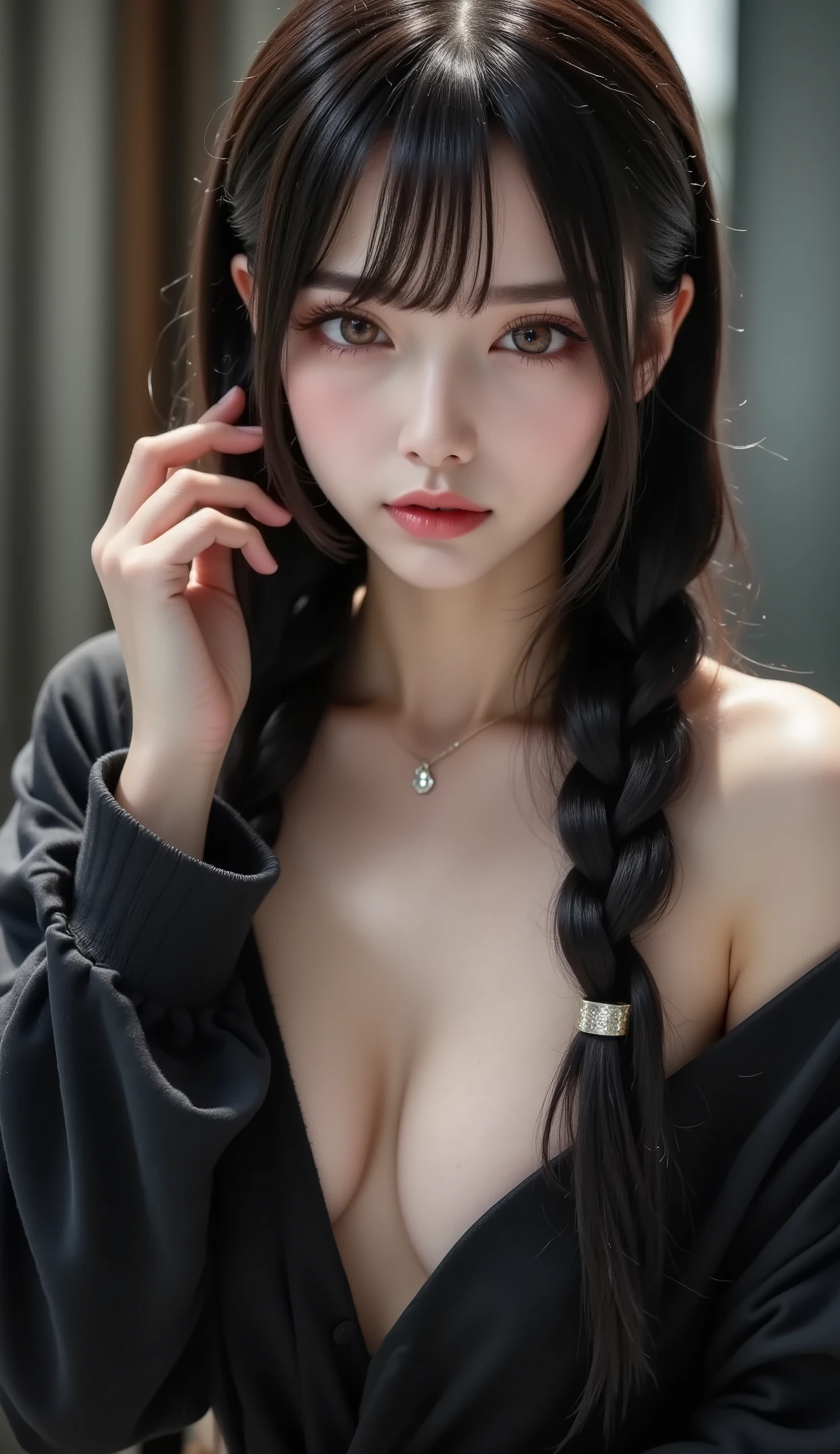 professional fashion model ,  model photography ,  Dynamic Composition,  charming and surprising angles,  professional camera work ,  and above; the highest quality,  pull out a huge penis with a very sophisticated,  realistic skin texture , Ultra Hi-Vision,  high definition, correct, 해부학적으로 correct, masterpiece, Premier,  beautiful hair,  Black clothes, face up with eyebrows,smile,  Blurry Background ,  DROP SHADOW,  corrosive material,  cinematic lighting effects ,  ray tracing , 8K octane, Filming technique 