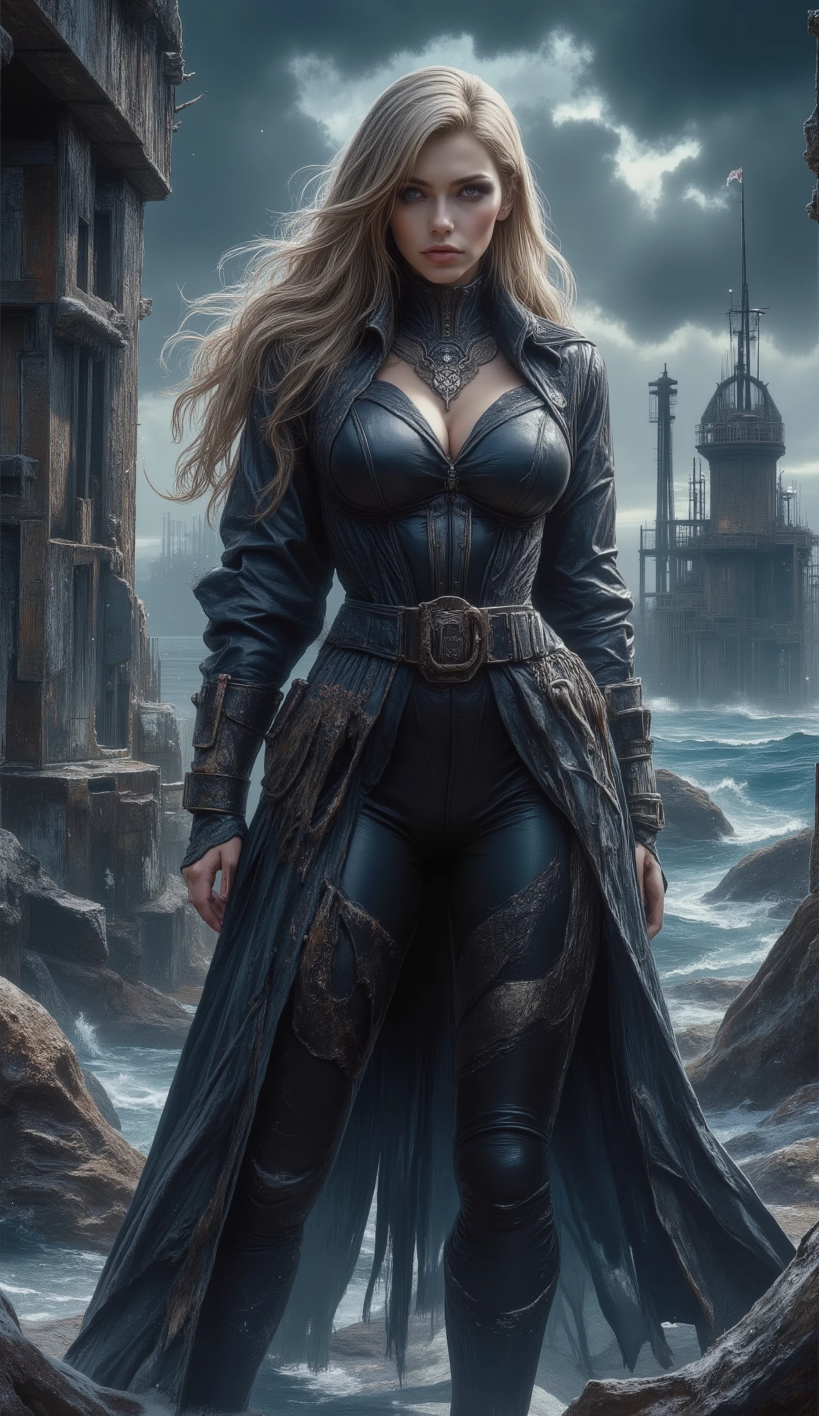 beautiful sexy sensual bombshell, slim woman, 30 years old, blonde hair, large breasts, tight short black latex balloon coat with wide belt , high-heeled boots in the background, ruins of an abandoned Russian nuclear bunker built in the 1950s, cracked concrete, protruding steel bars, on the coast of the North Sea, rusty metal machine wreckage in the foreground, winter snowfall, fog, dull lights, gloomy storm clouds, apocalyptic, oppressive atmosphere, elaborate small Ruins of an abandoned Russian lighthouse built in the 1950s on the northern coast of the sea dark night Winter snowfall Dull lights Gloomy storm clouds