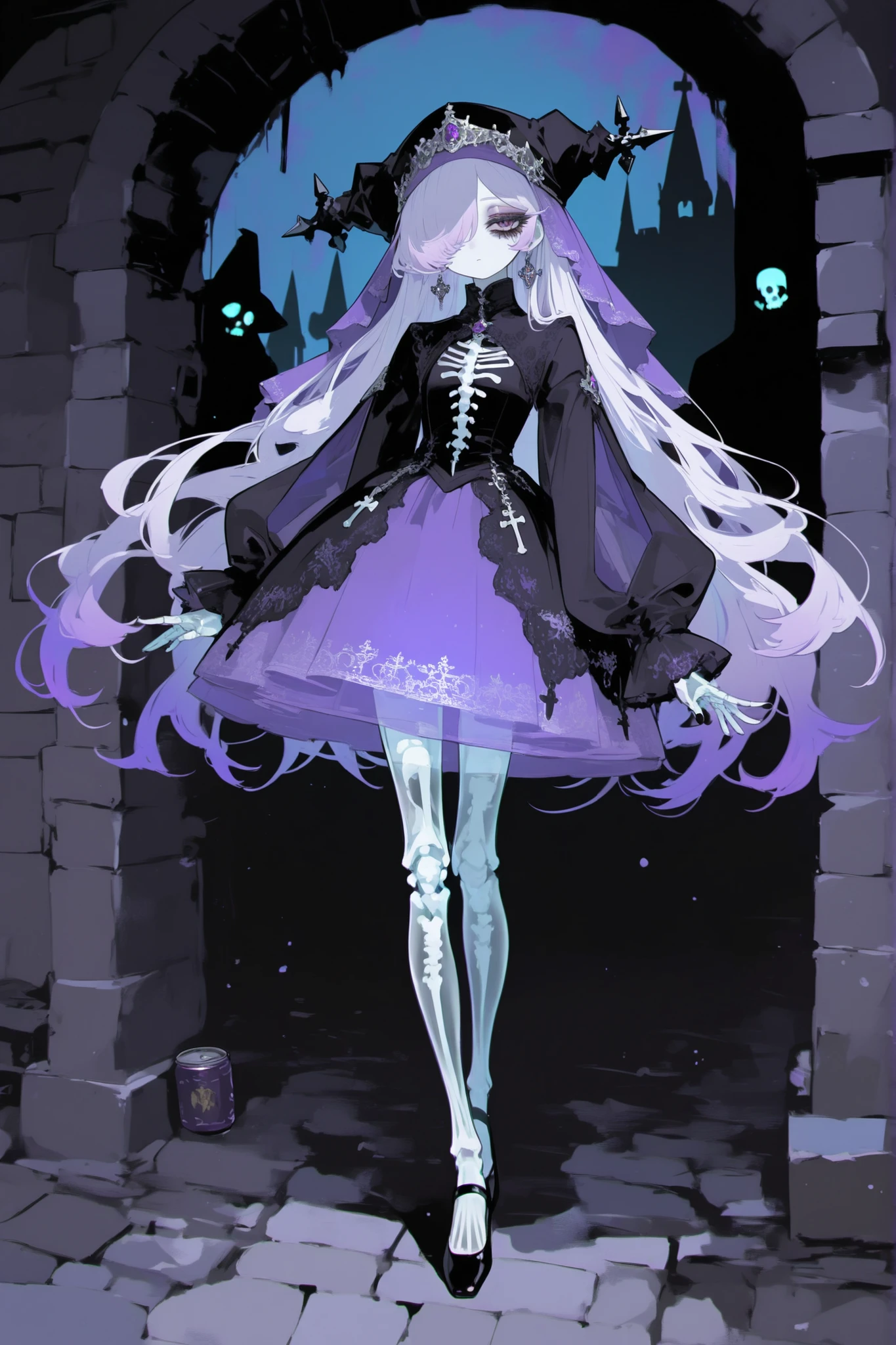 (0__11Xx_illu,duobaan,) The undead medival princes. (She has a transparent skin, the silhouette of her skeletal bones can be see through.) She has a shorty flat-chested body shape. She has ghostly pale skin and bruises under her eyes. She has tired big black-purple eyes with long eyelashes and leaking mascara. She has black very long hair with purple highlights, she has a careless long ghostly hairstyle with long hair over one eye. She has a black manicure. She is wearing a pitch black medieval A-line dress with high collar, silver wimple, and long bishop sleeves. She wearing a black silver cone-shaped hat of princess, with purple veil. She wears black ballet flats. (In the background: is a room with an authentic interior of abandoned medieval castle made of cobblestone. Abandoned medival kingdom.)