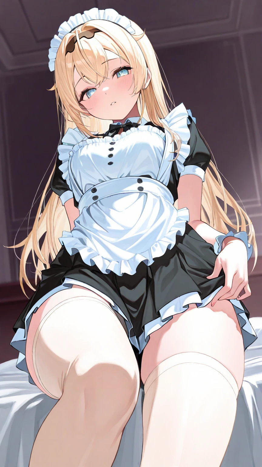  beautiful long blonde 　maid, maid apron, maid headdress, puffy sleeves　  long skirt　 Bondage　diaper　 Hands Behind 　Teary-eyed