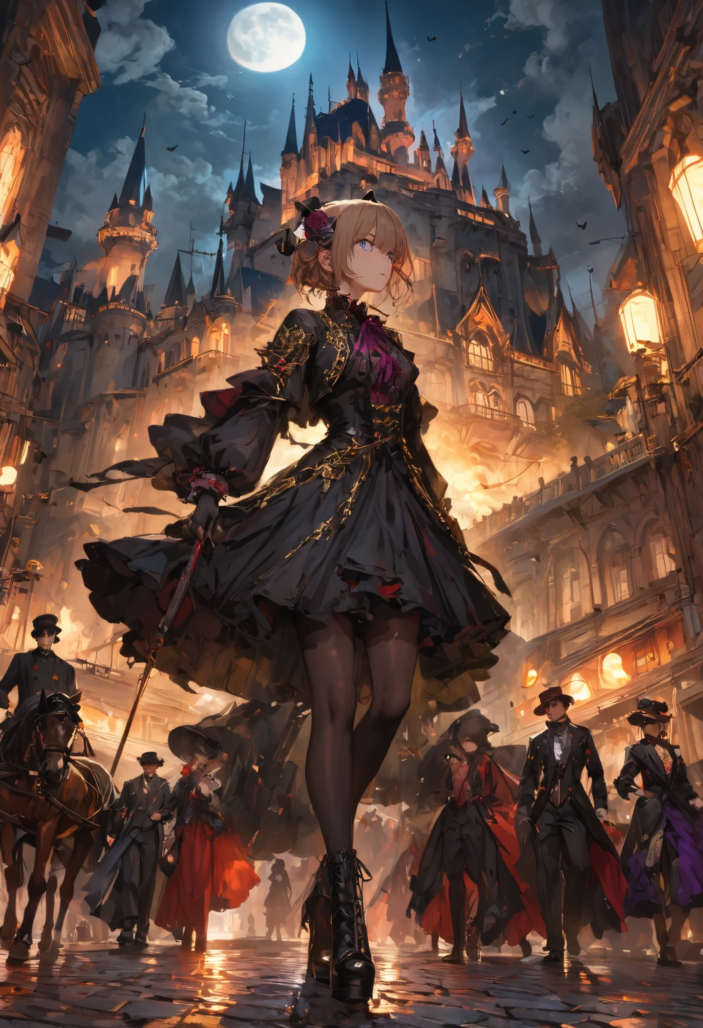 brown hair，shortcuts，unkempt hair，Short braided hair，Neat，スレンダー美people，correct attitude，small breasted，beautiful legs，The enchanting gray-blue eyes are shining like stars，Saggy Eyes，bright color,beautiful eyes,A delicate smile,cowboy shot、meteor、空から降り注ぐmeteor、無数のmeteor群、White Moon、(((gothic parade)))、(((classic cars)))、gothic girl、((背後に黒いpeople々The march of))、((people々silhouette with 2 heads))、Tokyo Cinderella Castle, people々Passes by,heavy and glamorous atmosphere、gorgeous float、A horse-drawn carriage drawn by a jet black horse、masquerade costumes、Elegant decoration、frills、race、gold embroidery、crimson and purple velvet、fiery torches、Night City、Cobblestone、majestic architecture、Contrast of Shadow and Light、Mysterious、fantastic、dramatic、High Fine、meteor、空から降り注ぐmeteor、無数のmeteor群、Textured Skin,best quality,gentle and beautiful woman,anime style､high quality lighting、add a bit of cyberpunk vibe、emphasis on detail、8K、masterpiece、Art Station、cinematic、volumetric lighting、cinematic vibe、Decadent Beauty、deep composition、