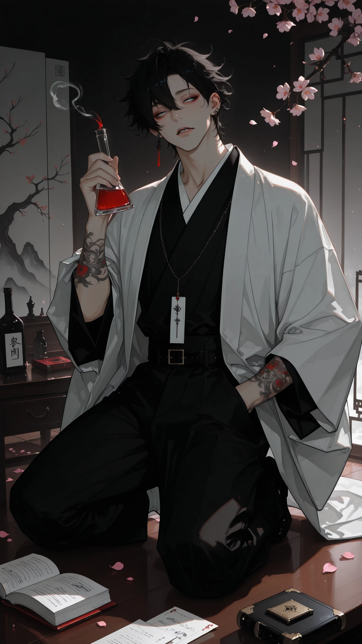 masterpiece, best quality, ultra-detailed:1.4, beautiful male alchemist, wearing elegant haori over kimono, long black hair tied back, holding glowing flask that illuminates his face, sitting in seiza position under sakura tree, cherry blossom petals falling on desk and hair, ancient leather-bound books and delicate glassware, magical particles floating in air, soft focus background, ethereal atmosphere, ukiyo-e inspired, digital painting