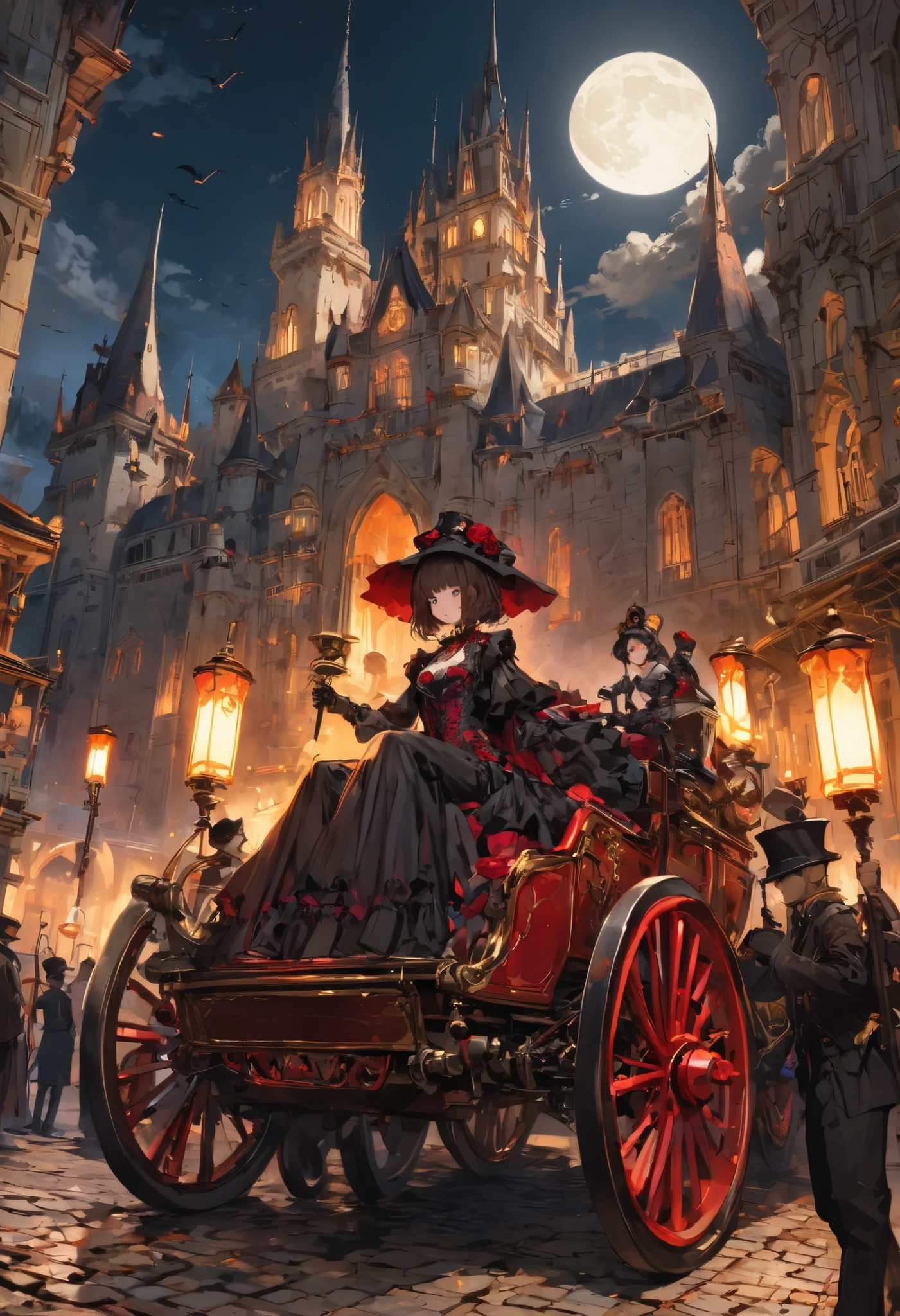 ((people々The parade of))、brown hair，shortcuts，unkempt hair，Short braided hair，Neat，スレンダー美people，correct attitude，small breasted，beautiful legs，The enchanting gray-blue eyes are shining like stars，Saggy Eyes，bright color,beautiful eyes,A delicate smile,cowboy shot、meteor、空から降り注ぐmeteor、無数のmeteor群、White Moon、(gothic parade)、classic cars、gothic girl、((背後に黒いpeople々The march of))、((people々silhouette with 2 heads))、Tokyo Cinderella Castle, people々Passes by,heavy and glamorous atmosphere、gorgeous float、A horse-drawn carriage drawn by a jet black horse、masquerade costumes、Elegant decoration、frills、race、gold embroidery、crimson and purple velvet、fiery torches、Night City、Cobblestone、majestic architecture、Contrast of Shadow and Light、Mysterious、fantastic、dramatic、High Fine、meteor、空から降り注ぐmeteor、無数のmeteor群、Textured Skin,best quality,gentle and beautiful woman,anime style､high quality lighting、add a bit of cyberpunk vibe、emphasis on detail、8K、masterpiece、Art Station、cinematic、volumetric lighting、cinematic vibe、Decadent Beauty、deep composition、