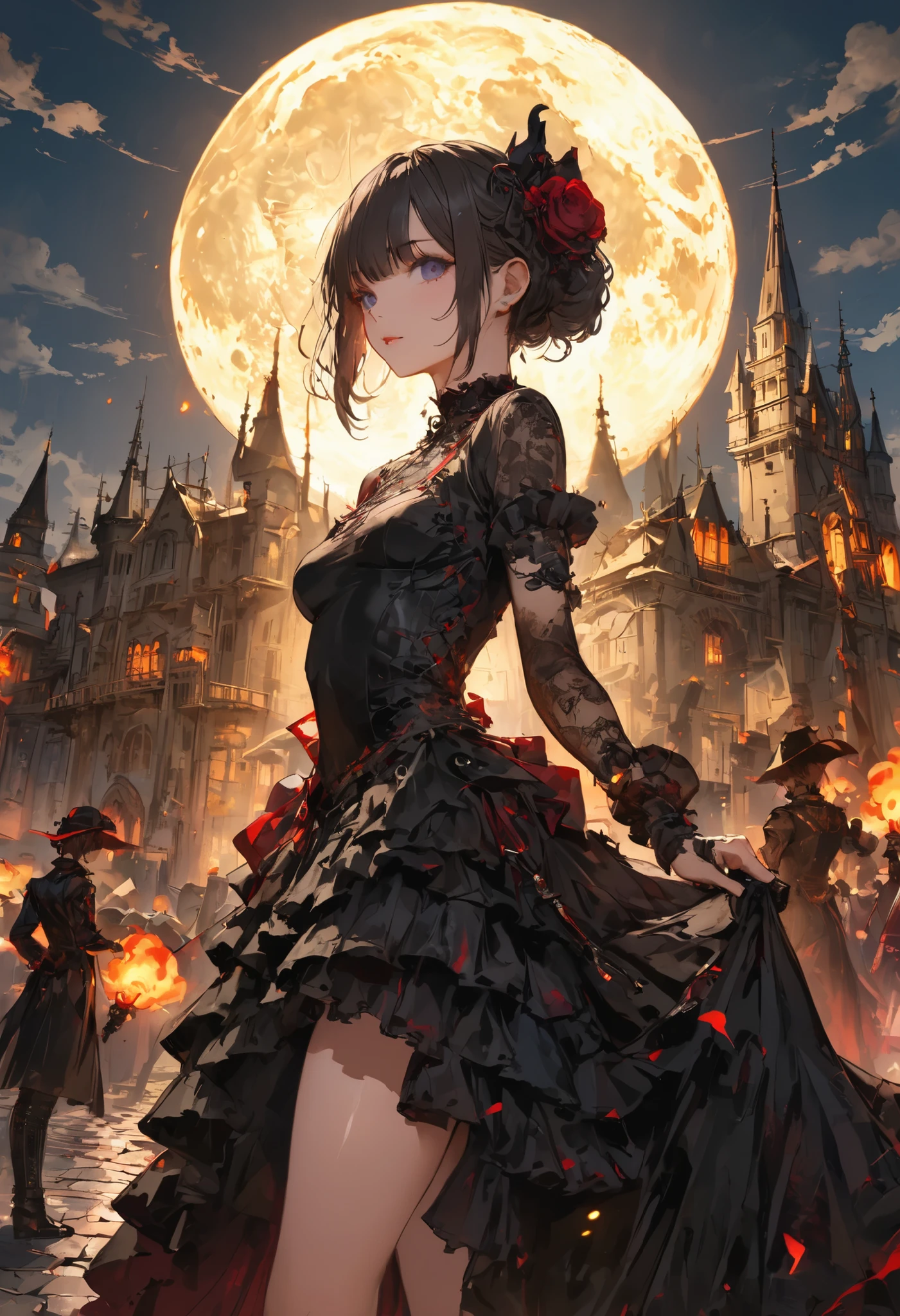 ((people々The parade of))、brown hair，shortcuts，unkempt hair，Short braided hair，Neat，スレンダー美people，correct attitude，small breasted，beautiful legs，The enchanting gray-blue eyes are shining like stars，Saggy Eyes，bright color,beautiful eyes,A delicate smile,cowboy shot、meteor、空から降り注ぐmeteor、無数のmeteor群、White Moon、(gothic parade)、classic cars、gothic girl、((背後に黒いpeople々The march of))、((people々silhouette with 2 heads))、Tokyo Cinderella Castle, people々Passes by,heavy and glamorous atmosphere、gorgeous float、A horse-drawn carriage drawn by a jet black horse、masquerade costumes、Elegant decoration、frills、race、gold embroidery、crimson and purple velvet、fiery torches、Night City、Cobblestone、majestic architecture、Contrast of Shadow and Light、Mysterious、fantastic、dramatic、High Fine、meteor、空から降り注ぐmeteor、無数のmeteor群、Textured Skin,best quality,gentle and beautiful woman,anime style､high quality lighting、add a bit of cyberpunk vibe、emphasis on detail、8K、masterpiece、Art Station、cinematic、volumetric lighting、cinematic vibe、Decadent Beauty、deep composition、