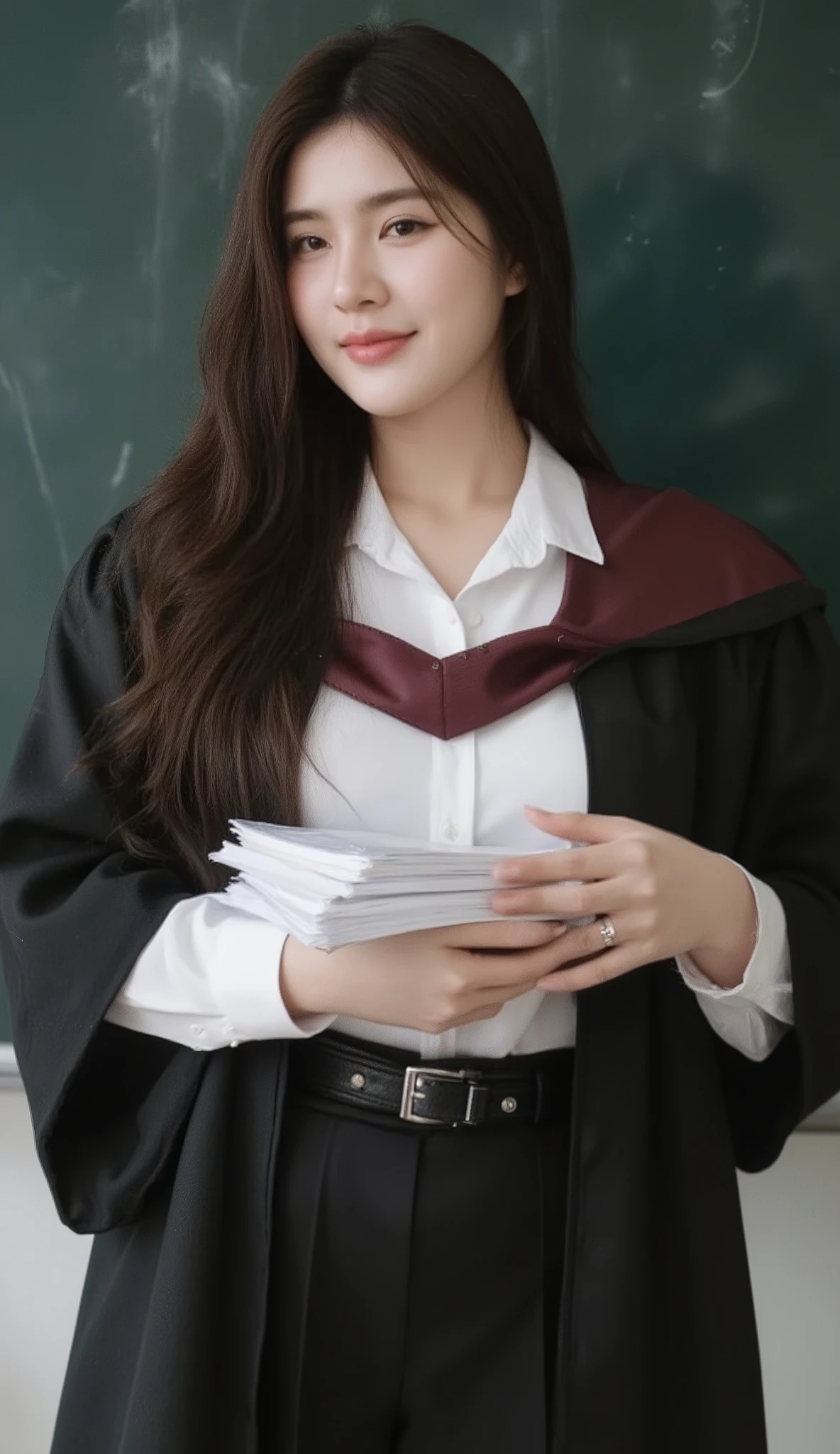 A portrait image shows a young Korean-Thai woman standing in a sophisticated lecture room.
She has a long, fluffy haircut, showing off her narrow forehead. She has a voluptuous figure. She is chubby-sexy. She has a soft black hair colour. She wears a graduation gown. The gown is a flowing black academic gown with wide sleeves; deep burgundy V-shaped hood/collar. The V-shaped hood/collar covers around her neck, which is not separated. The gown covers almost all her inside clothes. Inside the gown, she wears a Thai Mahalai uniform (a light-white short-sleeved collared shirt with six silver buttons, a black leather belt with a silver university buckle, and a short black pleated skirt) that highlights her curvy figure and ample bust. She seductively smiles at the camera. She holds a heavy stack of documents with two hands.
The background is a blackboard. The ambience is a bright white.