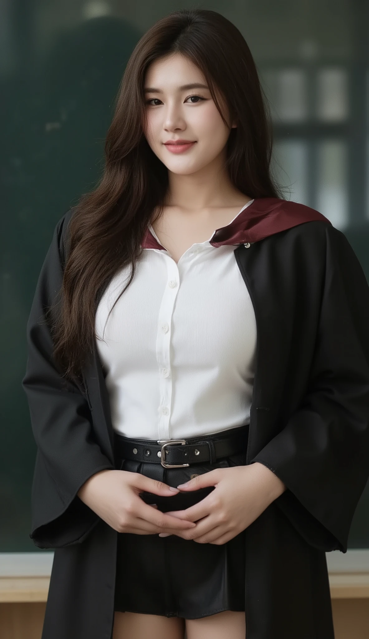 A portrait image shows a young Korean-Thai woman standing in a sophisticated lecture room.

She has a long, fluffy haircut, showing off her narrow forehead. She has a voluptuous figure. She is chubby-sexy. She has a soft black hair colour. She wears a graduation gown. The gown is a flowing black academic gown with wide sleeves; deep burgundy V-shaped hood/collar. The V-shaped hood/collar covers around her neck, which is not separated. The gown covers almost all her inside clothes. Inside the gown, she wears a Thai Mahalai uniform (a light-white short-sleeved collared shirt with six silver buttons, a black leather belt with a silver university buckle, and a short black pleated skirt) that highlights her curvy figure and ample bust. She seductively smiles at the camera. She holds a heavy stack of documents with two hands.
The background is a blackboard. The ambience is a bright white.