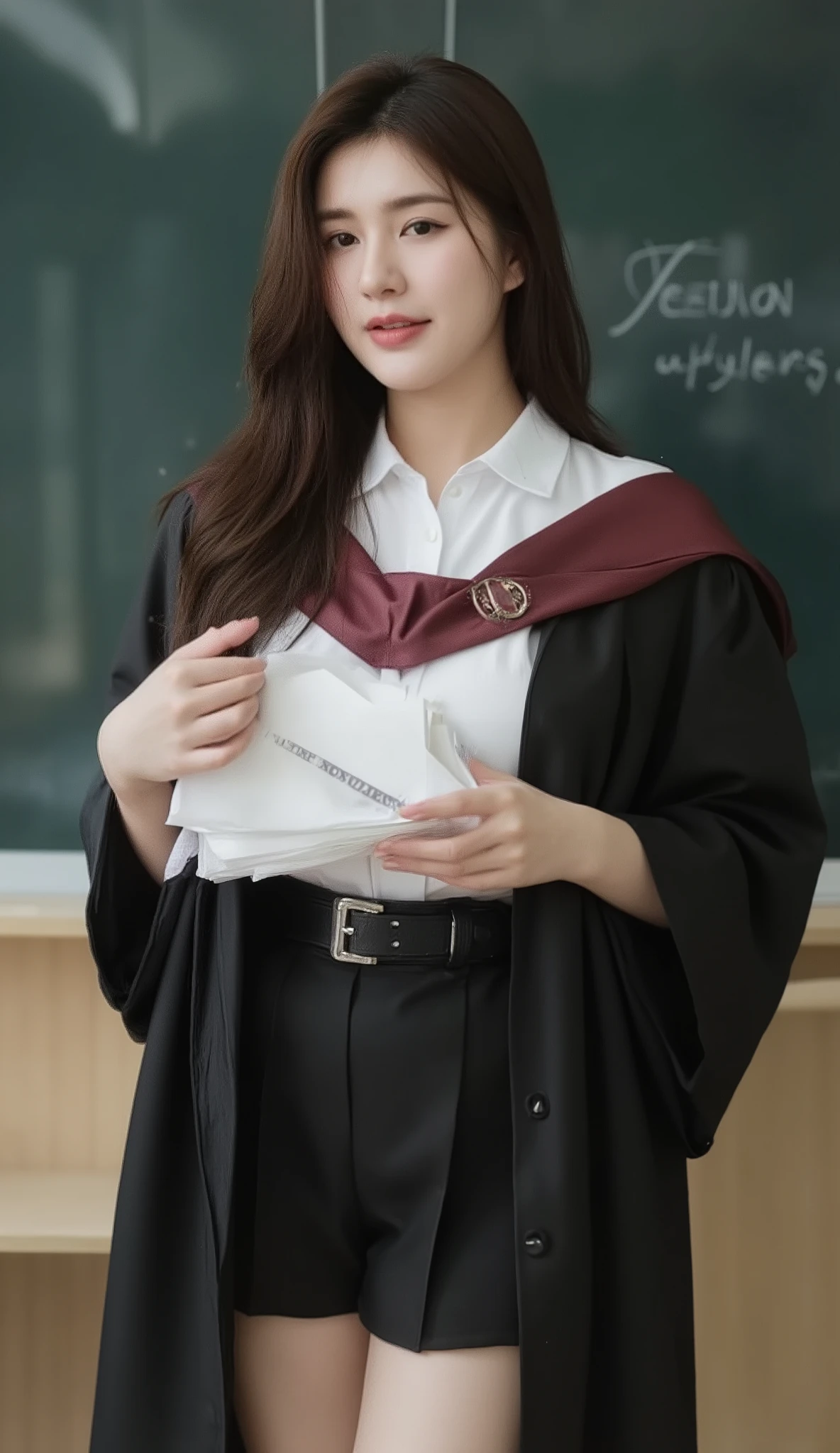 A portrait image shows a young Korean-Thai woman standing in a sophisticated lecture room.
She has a long, fluffy haircut, showing off her narrow forehead. She has a voluptuous figure. She is chubby-sexy. She has a soft black hair colour. She wears a graduation gown. The gown is a flowing black academic gown with wide sleeves; deep burgundy V-shaped hood/collar. The V-shaped hood/collar covers around her neck, which is not separated. The gown covers almost all her inside clothes. Inside the gown, she wears a Thai Mahalai uniform (a light-white short-sleeved collared shirt with six silver buttons, a black leather belt with a silver university buckle, and a short black pleated skirt) that highlights her curvy figure and ample bust. She seductively smiles at the camera. She holds a heavy stack of documents with two hands.
The background is a blackboard. The ambience is a bright white.
