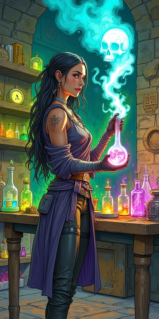 An alchemist woman with a bottle of potion in her hands --auto --s2