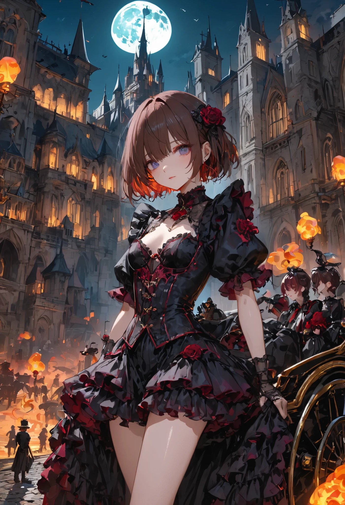 ((people々The parade of))、brown hair,shortcuts,unkempt hair,Short braided hair,Neat,スレンダー美people,correct attitude,small breasted,beautiful legs,The enchanting gray-blue eyes are shining like stars,Saggy Eyes,bright color,beautiful eyes,A delicate smile,cowboy shot、meteor、空から降り注ぐmeteor、無数のmeteor群、White Moon、(gothic parade)、classic cars、gothic girl、((背後に黒いpeople々The march of))、((people々silhouette with 2 heads))、Tokyo Cinderella Castle, people々Passes by,heavy and glamorous atmosphere、gorgeous float、A horse-drawn carriage drawn by a jet black horse、masquerade costumes、Elegant decoration、frills、race、gold embroidery、crimson and purple velvet、fiery torches、Night City、Cobblestone、majestic architecture、Contrast of Shadow and Light、Mysterious、fantastic、dramatic、High Fine、meteor、空から降り注ぐmeteor、無数のmeteor群、Textured Skin,best quality,gentle and beautiful woman,anime style、high quality lighting、add a bit of cyberpunk vibe、emphasis on detail、8K、masterpiece、Art Station、cinematic、volumetric lighting、cinematic vibe、Decadent Beauty、deep composition、