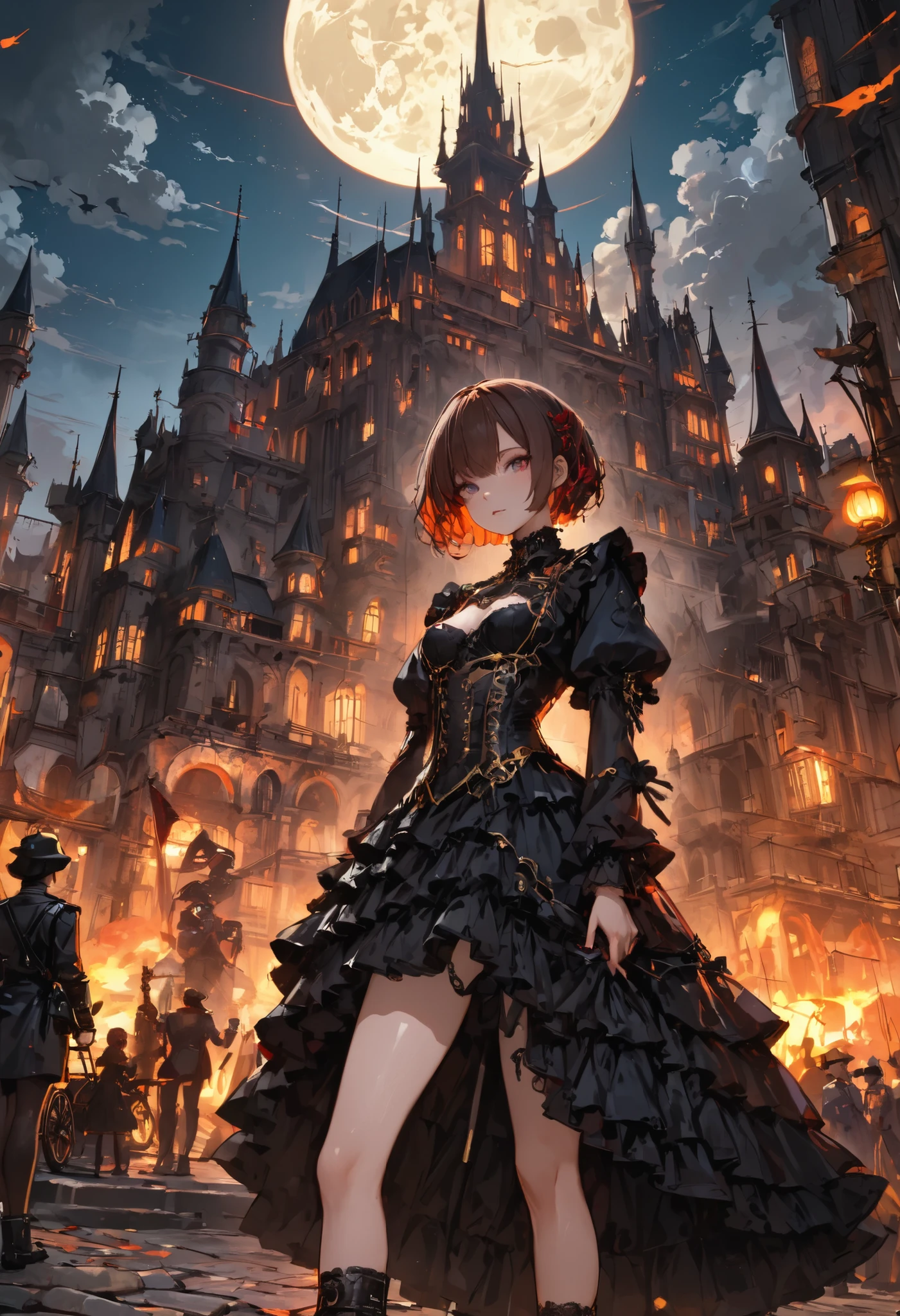 ((people々The parade of))、brown hair,shortcuts,unkempt hair,Short braided hair,Neat,スレンダー美people,correct attitude,small breasted,beautiful legs,The enchanting gray-blue eyes are shining like stars,Saggy Eyes,bright color,beautiful eyes,A delicate smile,cowboy shot、meteor、空から降り注ぐmeteor、無数のmeteor群、White Moon、(gothic parade)、classic cars、gothic girl、((背後に黒いpeople々The march of))、((people々silhouette with 2 heads))、Tokyo Cinderella Castle, people々Passes by,heavy and glamorous atmosphere、gorgeous float、A horse-drawn carriage drawn by a jet black horse、masquerade costumes、Elegant decoration、frills、race、gold embroidery、crimson and purple velvet、fiery torches、Night City、Cobblestone、majestic architecture、Contrast of Shadow and Light、Mysterious、fantastic、dramatic、High Fine、meteor、空から降り注ぐmeteor、無数のmeteor群、Textured Skin,best quality,gentle and beautiful woman,anime style、high quality lighting、add a bit of cyberpunk vibe、emphasis on detail、8K、masterpiece、Art Station、cinematic、volumetric lighting、cinematic vibe、Decadent Beauty、deep composition、