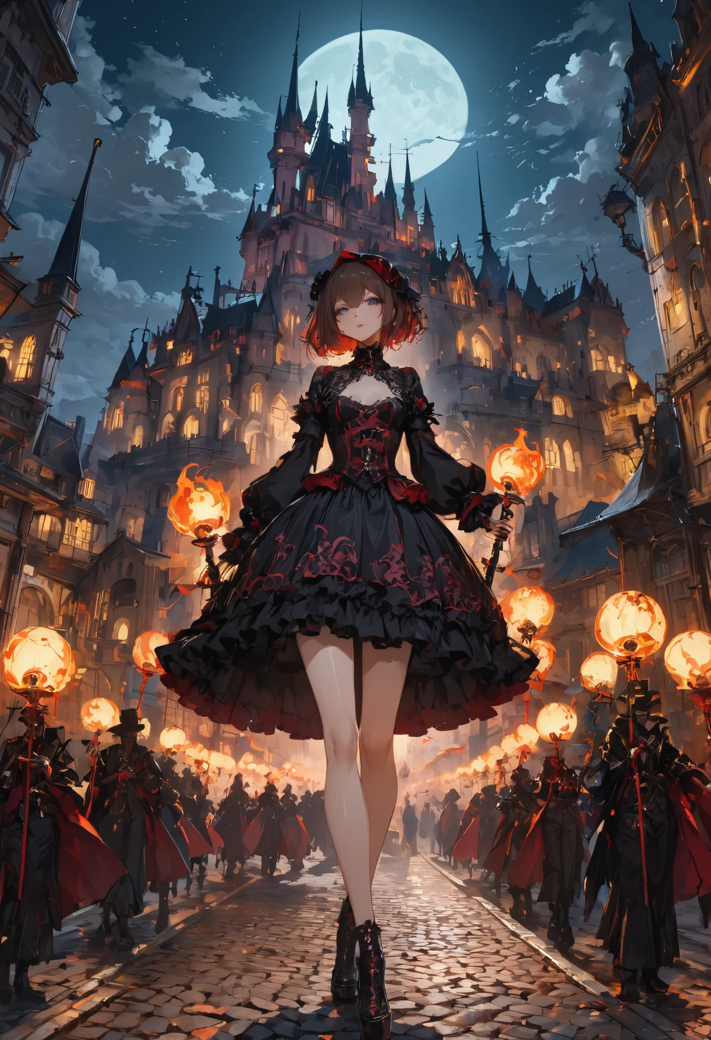 ((people々The parade of))、brown hair,shortcuts,unkempt hair,Short braided hair,Neat,スレンダー美people,correct attitude,small breasted,beautiful legs,The enchanting gray-blue eyes are shining like stars,Saggy Eyes,bright color,beautiful eyes,A delicate smile,cowboy shot、meteor、空から降り注ぐmeteor、無数のmeteor群、White Moon、(gothic parade)、classic cars、gothic girl、((背後に黒いpeople々The march of))、((people々silhouette with 2 heads))、Tokyo Cinderella Castle, people々Passes by,heavy and glamorous atmosphere、gorgeous float、A horse-drawn carriage drawn by a jet black horse、masquerade costumes、Elegant decoration、frills、race、gold embroidery、crimson and purple velvet、fiery torches、Night City、Cobblestone、majestic architecture、Contrast of Shadow and Light、Mysterious、fantastic、dramatic、High Fine、meteor、空から降り注ぐmeteor、無数のmeteor群、Textured Skin,best quality,gentle and beautiful woman,anime style、high quality lighting、add a bit of cyberpunk vibe、emphasis on detail、8K、masterpiece、Art Station、cinematic、volumetric lighting、cinematic vibe、Decadent Beauty、deep composition、