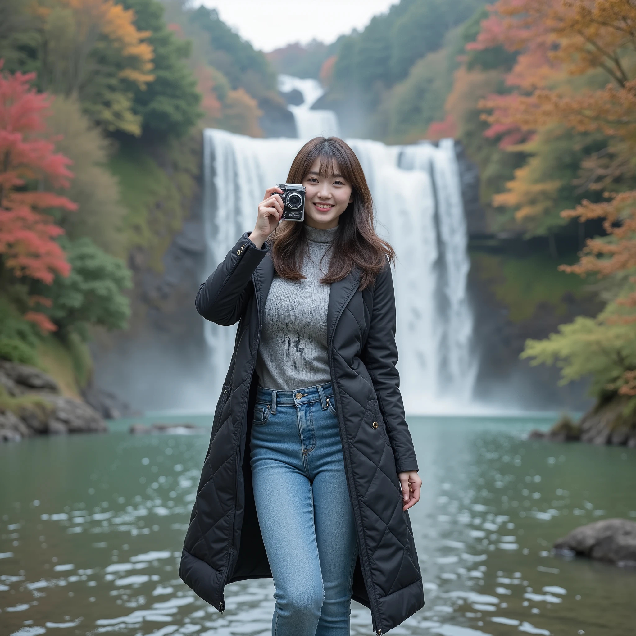 『A Japanese girl:1.3』『raw photo:1.3』『real photo:1.3』Highest Quality:1.2、((big breasts))、A glimpse of cleavage、((young 20 year old woman ))、『smiling:1.9』、(((anatomically correct、perfect anatomy、anatomically correct指)))、slender body,Realistic, Highest Quality, ultra high definition, RAW photo, (constricted body)、full body,An idol-like appearance and smile,Kegon Falls during the autumn foliage season,A waterfall in Nikko, Tochigi Prefecture,A waterfall falling from a great height,Splash and haze,A waterfall seen from Lake Chuzenji,Taking a photo with a retro camera,Looking through the camera Trying to take a photo of the waterfall,She's wearing a light black quilted coat over a gray turtleneck sweater、jeans