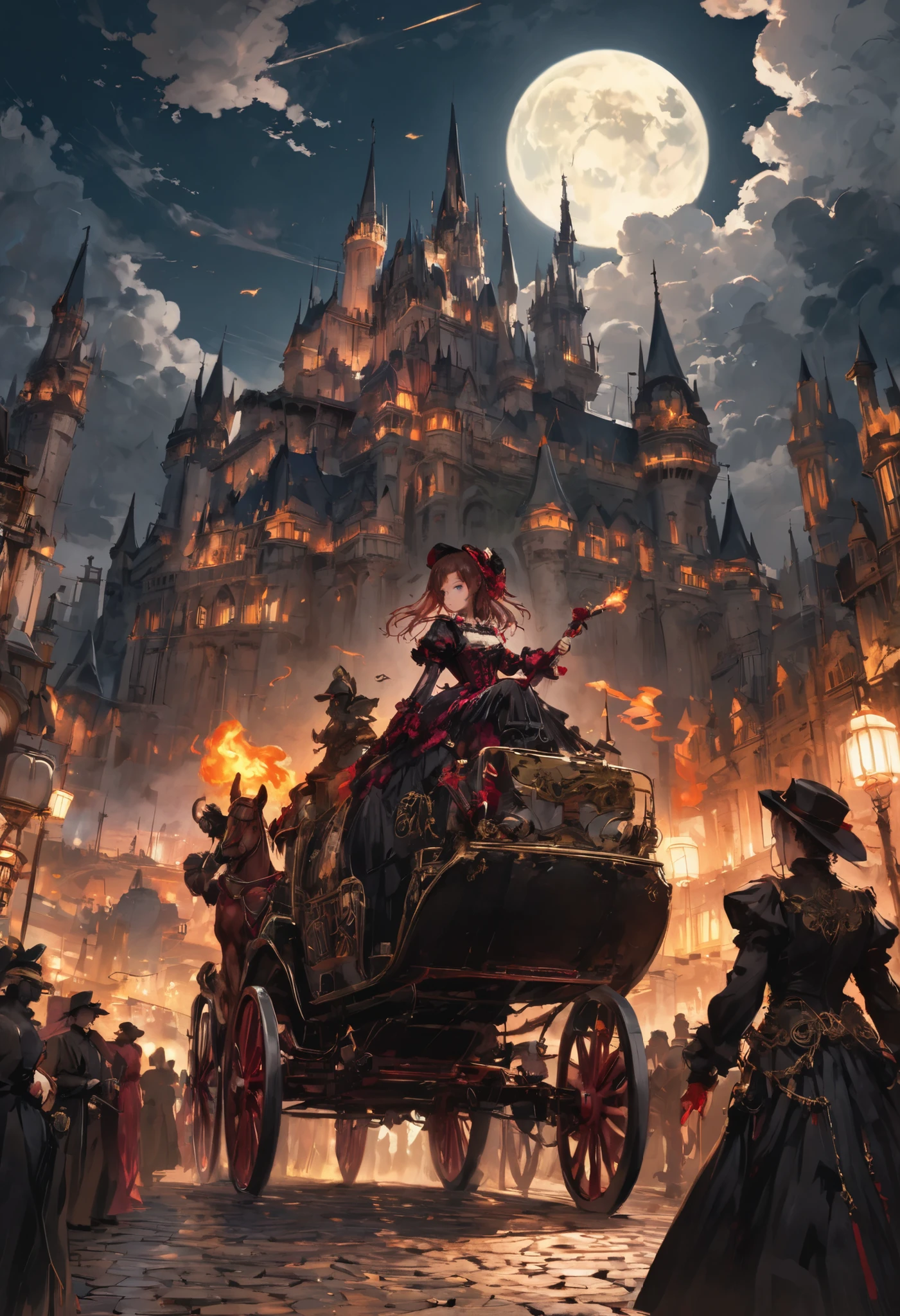 ((people々The parade of))、brown hair,shortcuts,unkempt hair,Short braided hair,Neat,スレンダー美people,correct attitude,small breasted,beautiful legs,The enchanting gray-blue eyes are shining like stars,Saggy Eyes,bright color,beautiful eyes,A delicate smile,cowboy shot、meteor、空から降り注ぐmeteor、無数のmeteor群、White Moon、(gothic parade)、classic cars、gothic girl、((背後に黒いpeople々The march of))、((people々silhouette with 2 heads))、Tokyo Cinderella Castle, people々Passes by,heavy and glamorous atmosphere、gorgeous float、A horse-drawn carriage drawn by a jet black horse、masquerade costumes、Elegant decoration、frills、race、gold embroidery、crimson and purple velvet、fiery torches、Night City、Cobblestone、majestic architecture、Contrast of Shadow and Light、Mysterious、fantastic、dramatic、High Fine、meteor、空から降り注ぐmeteor、無数のmeteor群、Textured Skin,best quality,gentle and beautiful woman,anime style、high quality lighting、add a bit of cyberpunk vibe、emphasis on detail、8K、masterpiece、Art Station、cinematic、volumetric lighting、cinematic vibe、Decadent Beauty、deep composition、