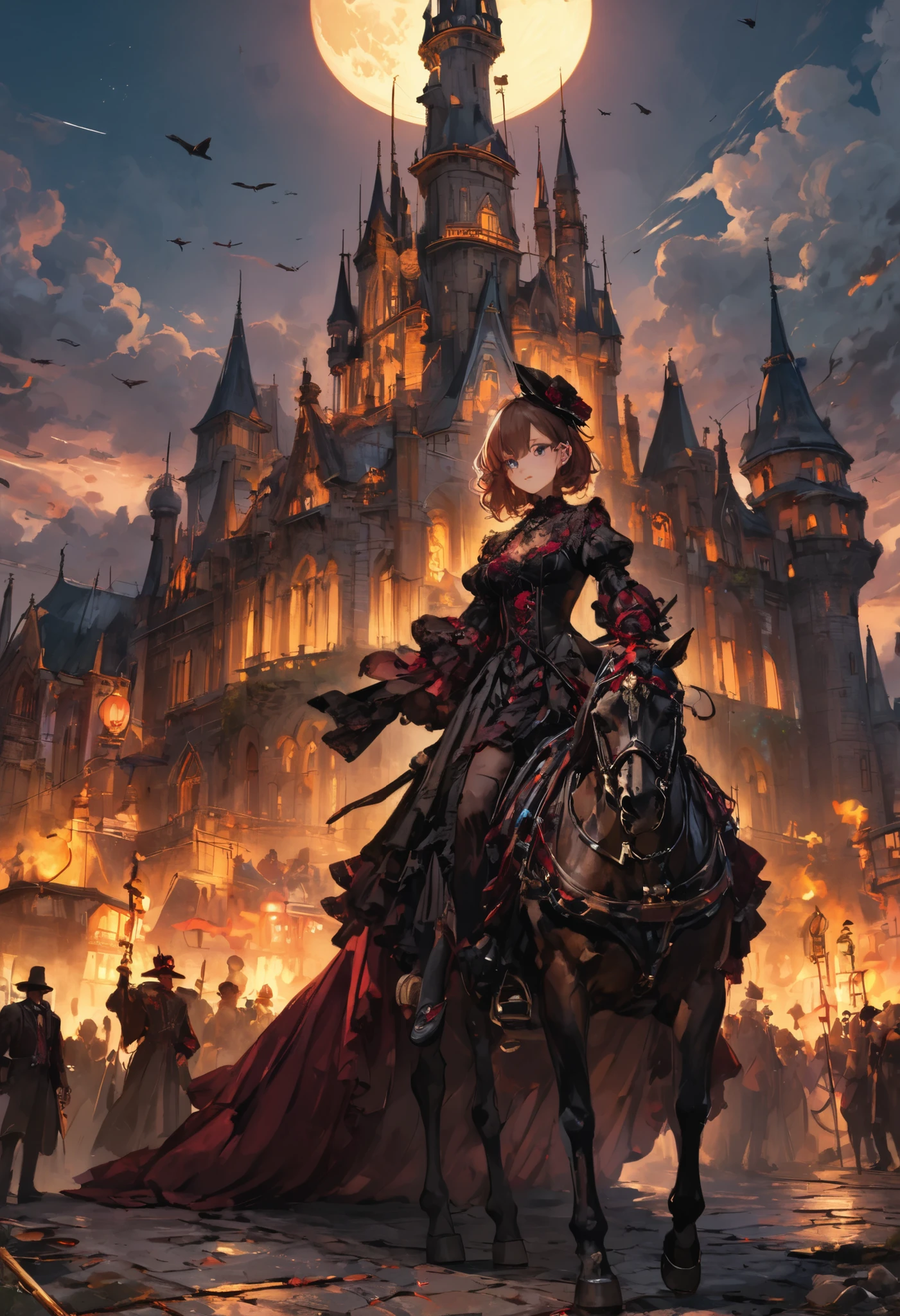 ((people々The parade of))、brown hair,shortcuts,unkempt hair,Short braided hair,Neat,スレンダー美people,correct attitude,small breasted,beautiful legs,The enchanting gray-blue eyes are shining like stars,Saggy Eyes,bright color,beautiful eyes,A delicate smile,cowboy shot、meteor、空から降り注ぐmeteor、無数のmeteor群、White Moon、(gothic parade)、classic cars、gothic girl、((背後に黒いpeople々The march of))、((people々silhouette with 2 heads))、Tokyo Cinderella Castle, people々Passes by,heavy and glamorous atmosphere、gorgeous float、A horse-drawn carriage drawn by a jet black horse、masquerade costumes、Elegant decoration、frills、race、gold embroidery、crimson and purple velvet、fiery torches、Night City、Cobblestone、majestic architecture、Contrast of Shadow and Light、Mysterious、fantastic、dramatic、High Fine、meteor、空から降り注ぐmeteor、無数のmeteor群、Textured Skin,best quality,gentle and beautiful woman,anime style、high quality lighting、add a bit of cyberpunk vibe、emphasis on detail、8K、masterpiece、Art Station、cinematic、volumetric lighting、cinematic vibe、Decadent Beauty、deep composition、