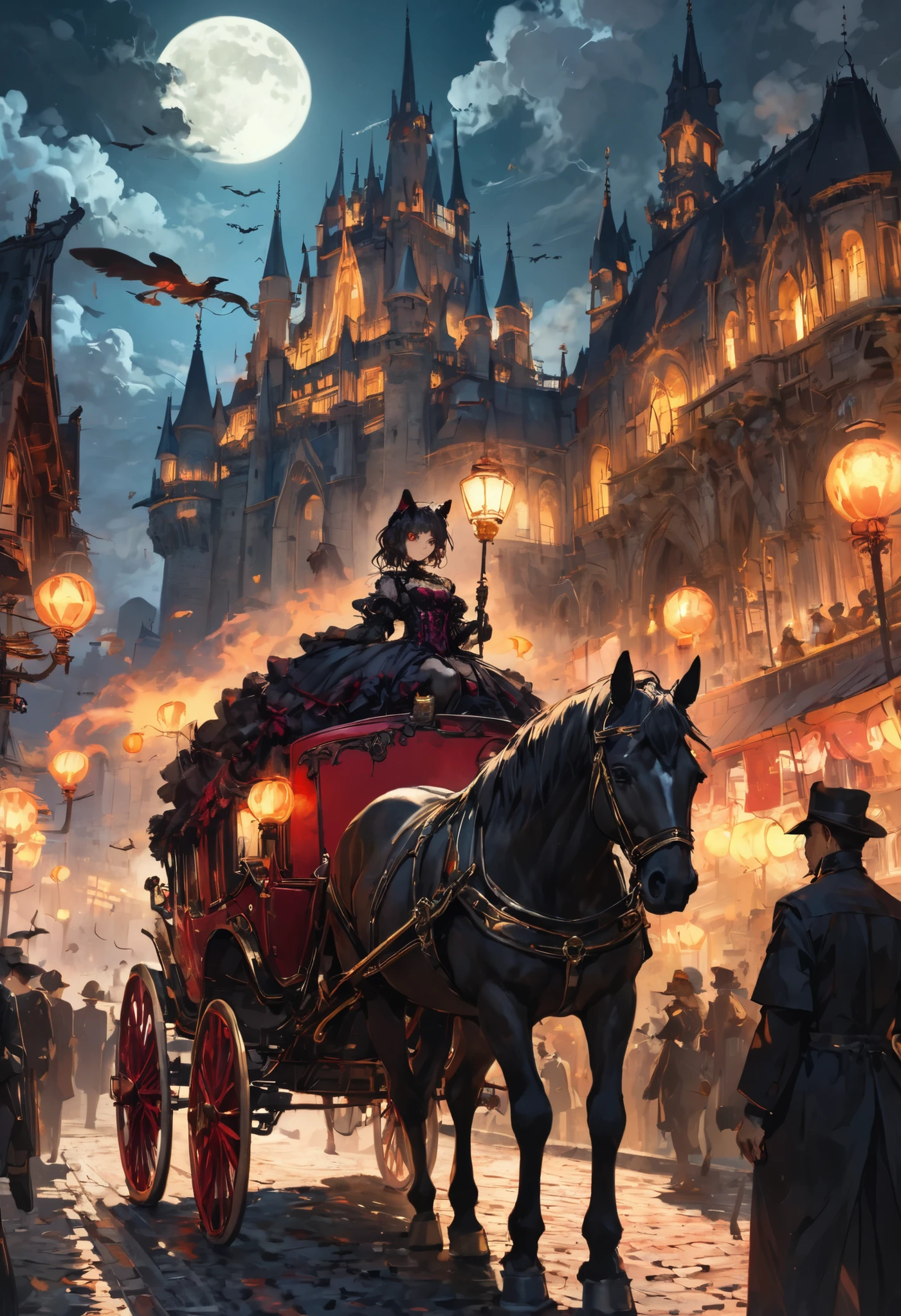 ((people々The parade of))、brown hair,shortcuts,unkempt hair,Short braided hair,Neat,スレンダー美people,correct attitude,small breasted,beautiful legs,The enchanting gray-blue eyes are shining like stars,Saggy Eyes,bright color,beautiful eyes,A delicate smile,cowboy shot、meteor、空から降り注ぐmeteor、無数のmeteor群、White Moon、(gothic parade)、classic cars、gothic girl、((背後に黒いpeople々The march of))、((people々silhouette with 2 heads))、Tokyo Cinderella Castle, people々Passes by,heavy and glamorous atmosphere、gorgeous float、A horse-drawn carriage drawn by a jet black horse、masquerade costumes、Elegant decoration、frills、race、gold embroidery、crimson and purple velvet、fiery torches、Night City、Cobblestone、majestic architecture、Contrast of Shadow and Light、Mysterious、fantastic、dramatic、High Fine、meteor、空から降り注ぐmeteor、無数のmeteor群、Textured Skin,best quality,gentle and beautiful woman,anime style、high quality lighting、add a bit of cyberpunk vibe、emphasis on detail、8K、masterpiece、Art Station、cinematic、volumetric lighting、cinematic vibe、Decadent Beauty、deep composition、