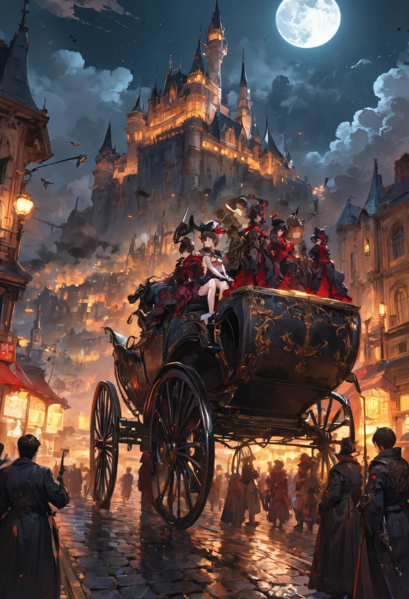 ((people々The parade of))、brown hair,shortcuts,unkempt hair,Short braided hair,Neat,スレンダー美people,correct attitude,small breasted,beautiful legs,The enchanting gray-blue eyes are shining like stars,Saggy Eyes,bright color,beautiful eyes,A delicate smile,cowboy shot、meteor、空から降り注ぐmeteor、無数のmeteor群、White Moon、(gothic parade)、classic cars、gothic girl、((背後に黒いpeople々The march of))、((people々silhouette with 2 heads))、Tokyo Cinderella Castle, people々Passes by,heavy and glamorous atmosphere、gorgeous float、A horse-drawn carriage drawn by a jet black horse、masquerade costumes、Elegant decoration、frills、race、gold embroidery、crimson and purple velvet、fiery torches、Night City、Cobblestone、majestic architecture、Contrast of Shadow and Light、Mysterious、fantastic、dramatic、High Fine、meteor、空から降り注ぐmeteor、無数のmeteor群、Textured Skin,best quality,gentle and beautiful woman,anime style、high quality lighting、add a bit of cyberpunk vibe、emphasis on detail、8K、masterpiece、Art Station、cinematic、volumetric lighting、cinematic vibe、Decadent Beauty、deep composition、