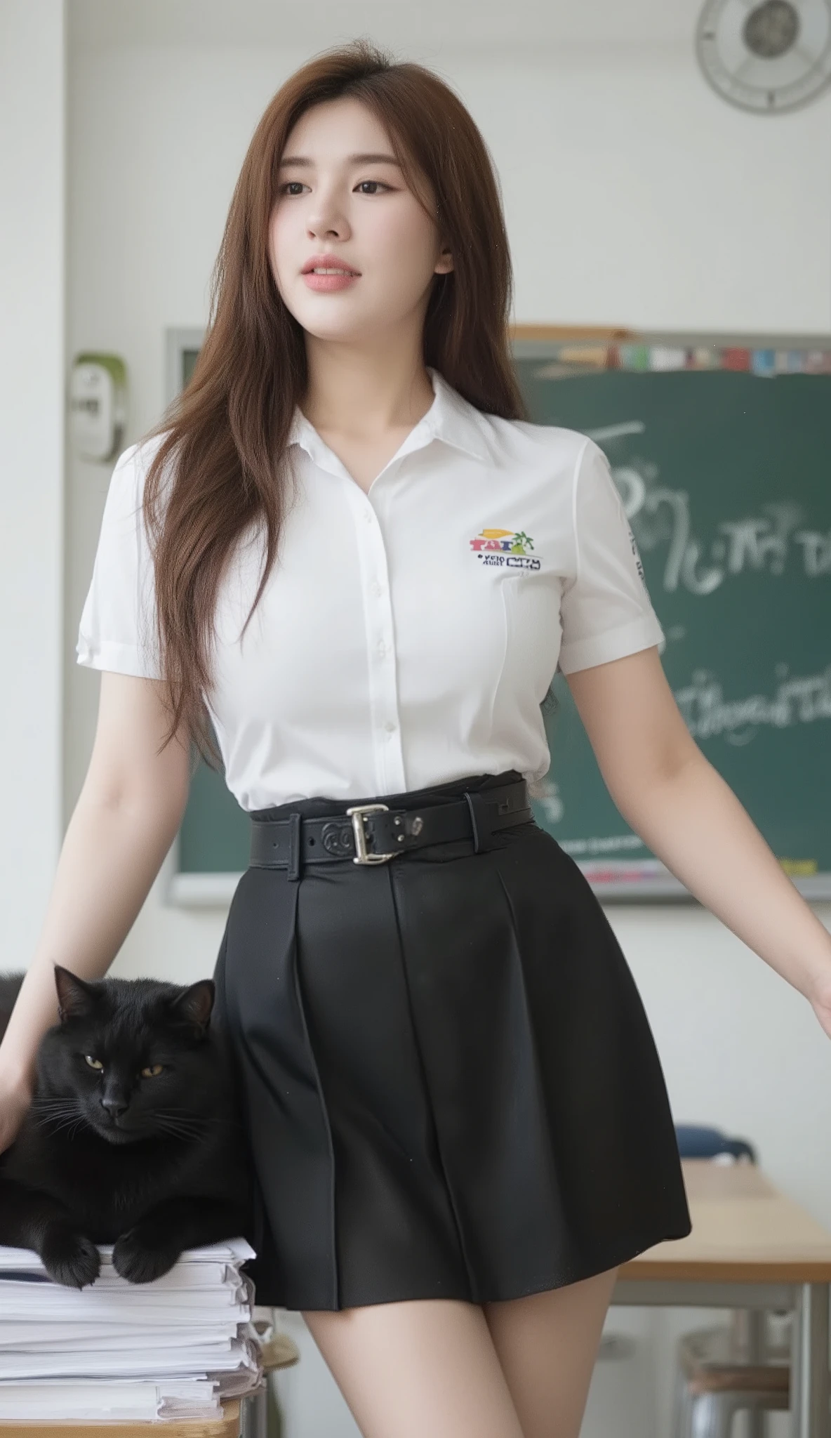A portrait photograph shows a young Korean-Thai woman standing in a classroom at the University of Westminster in London.
She has a long, fluffy haircut that shows off her narrow forehead. She has a voluptuous figure. She is chubby-sexy. She has a cherry-red hair colour. She wears a Thai Mahalai uniform: a light-white short-sleeved collared shirt with a "PwC" logo on the chest, a black leather LV belt, and a knee-length black pleated skirt that highlights her curvy figure and ample bust. She stands and holds a heavy stack of documents with two hands. She seductively smiles at the camera. There is a high stack of documents on the desk. A big black cat is sleeping on top of the stack.
The backdrop behind her is the University of Westminster sign, mounted on a white wall. The classroom features decorations in a British style.
