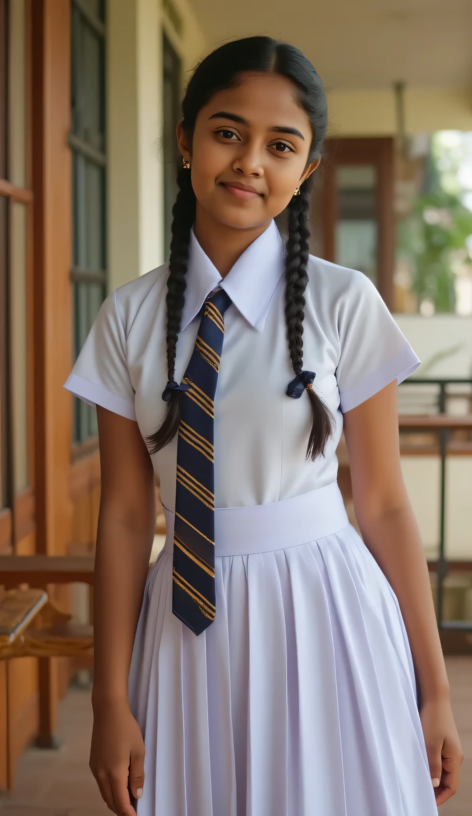 a beautiful cute young girl, Sri Lanka , big breasts size , detailed white frock uniform, color tie , sitting on the chair, beautiful barefoot , full body and standup , wide photo ,cinematic lighting, hyper realistic, photorealistic, 8k, masterpiece, warm colors, natural lighting , high quality, intricate details, tanned dark color skin, sweaty skin