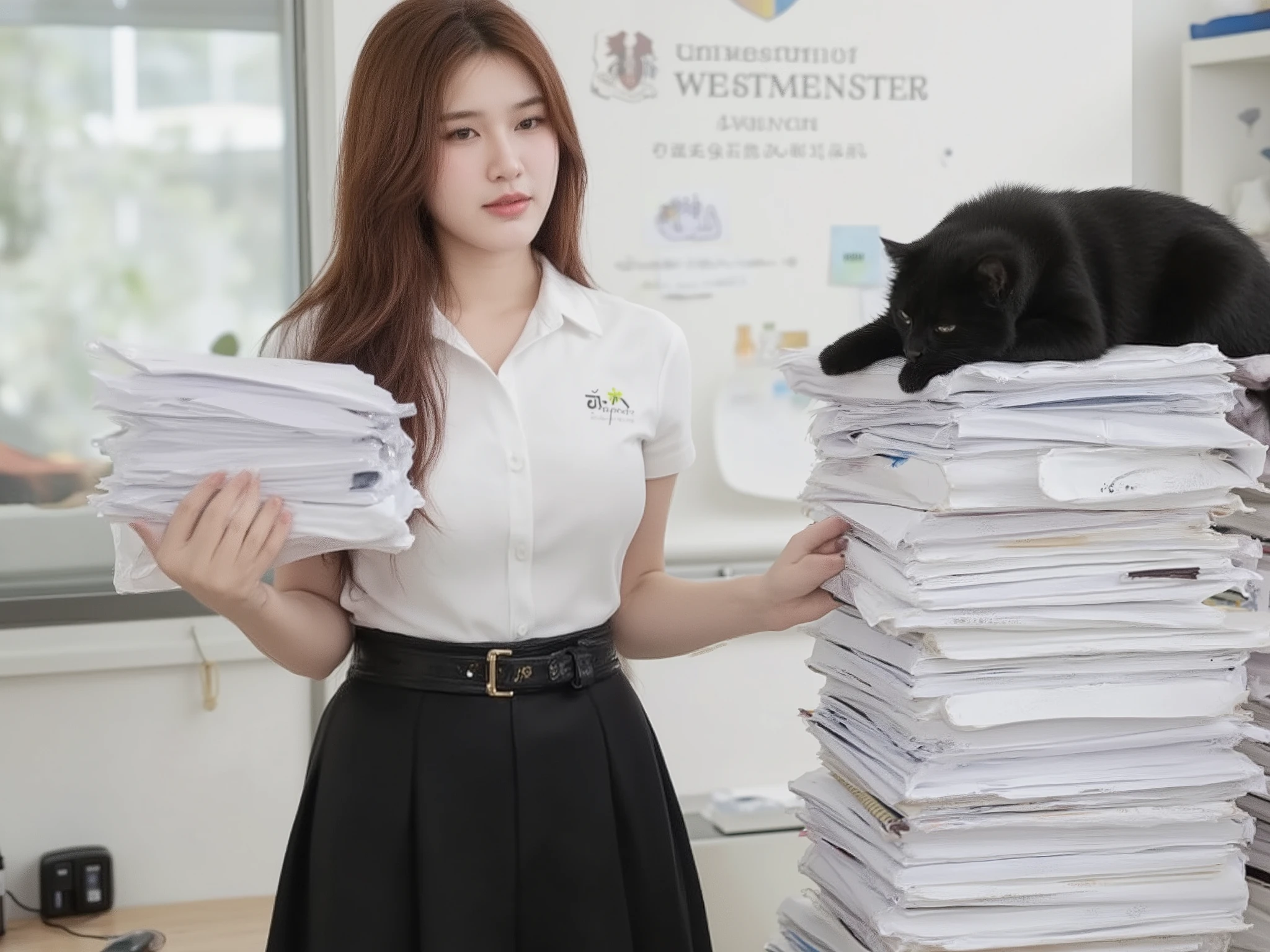 A portrait photograph shows a young Korean-Thai woman standing in a classroom at the University of Westminster in London.
She has a long, fluffy haircut that shows off her narrow forehead. She has a voluptuous figure. She is chubby-sexy. She has a cherry-red hair colour. She wears a Thai Mahalai uniform: a light-white short-sleeved collared shirt with a "PwC" logo on the chest, a black leather LV belt, and a knee-length black pleated skirt that highlights her curvy figure and ample bust. She stands and holds a heavy stack of documents with two hands. She seductively smiles at the camera. There is a high stack of documents on the desk. A big black cat is sleeping on top of the stack.
The backdrop behind her is the University of Westminster sign, mounted on a white wall. The classroom features decorations in a British style.