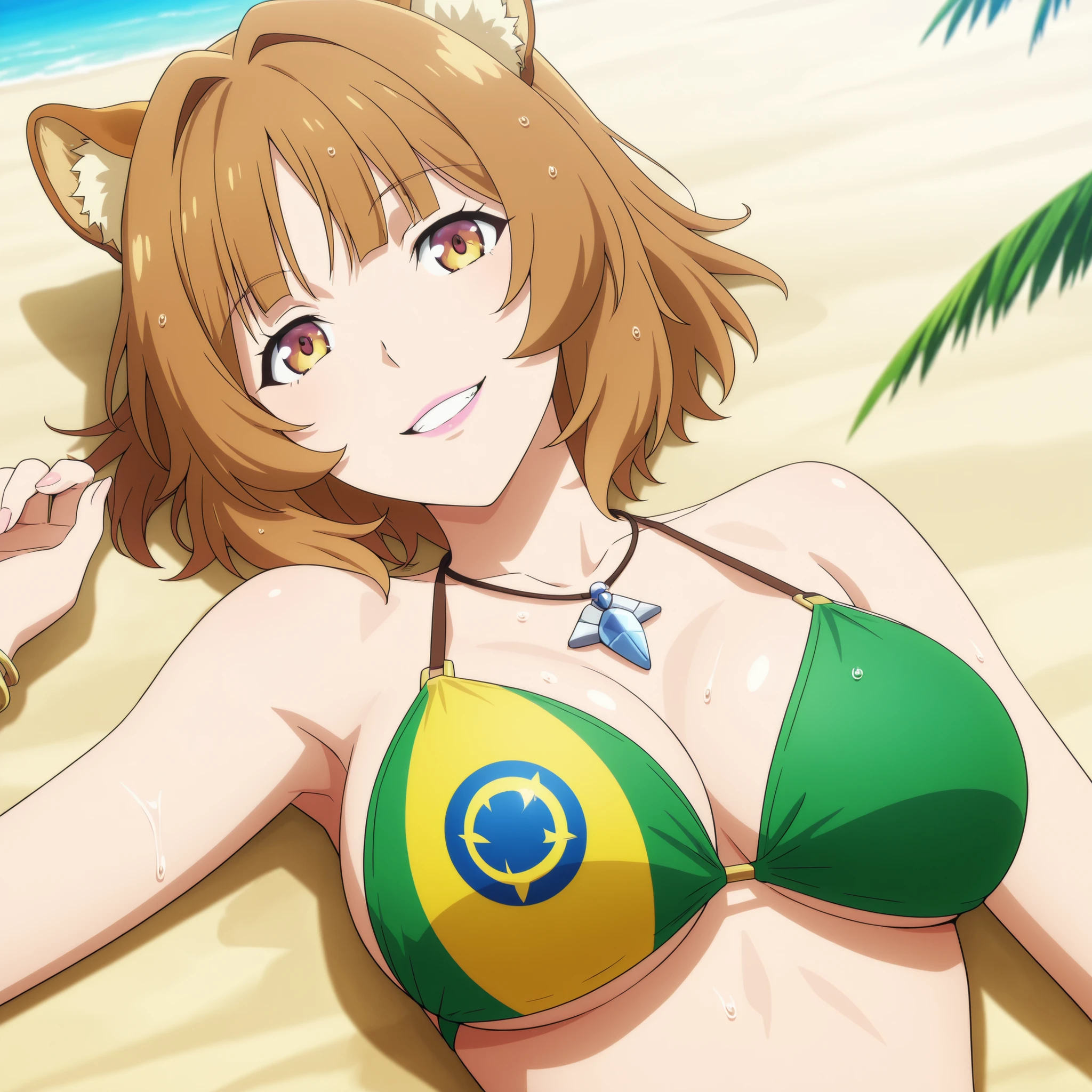 Raphalia, from The Rising of the Shield Hero, is an older, more villainous version of herself, with short hair, yellow eyes, an arrogant smile, and painted lips. She has a slender figure and large breasts. She wears a bikini with the green and yellow Brazilian flag printed on it, along with bracelets and a small necklace. She runs along a beautiful Brazilian tropical beach with white sand, blue skies, and palm trees. The anime art is very detailed. She smiles, showing her teeth. Her body and hair are wet. Full-body image. piel realista  húmeda.