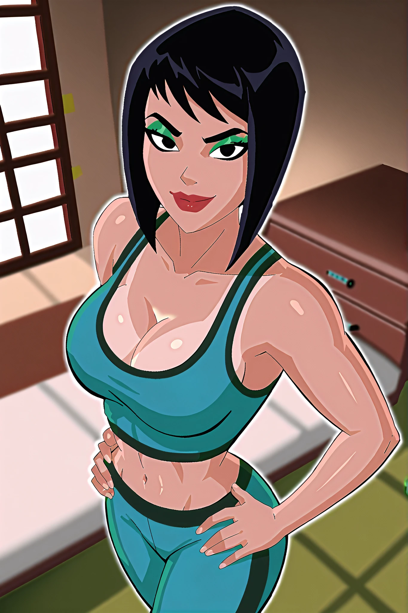 solo, 1girl, looking at viewer, seducing viewer, teasing viewer, bob cut, black hair, black eyes, tan skin, , cleavage, BREAK, score_8_up, score_7_up, score_9, score_6_up, high quality, best quality, face focus, lipstick, makeup, expression, bedroom eyes, smiling, closed mouth, busty, green sports bra, green jogging pants, indoors, standing, bedroom, high-angle view, green eyeshadow, black eyeliner, closeup, portrait, upper body, hands on waist