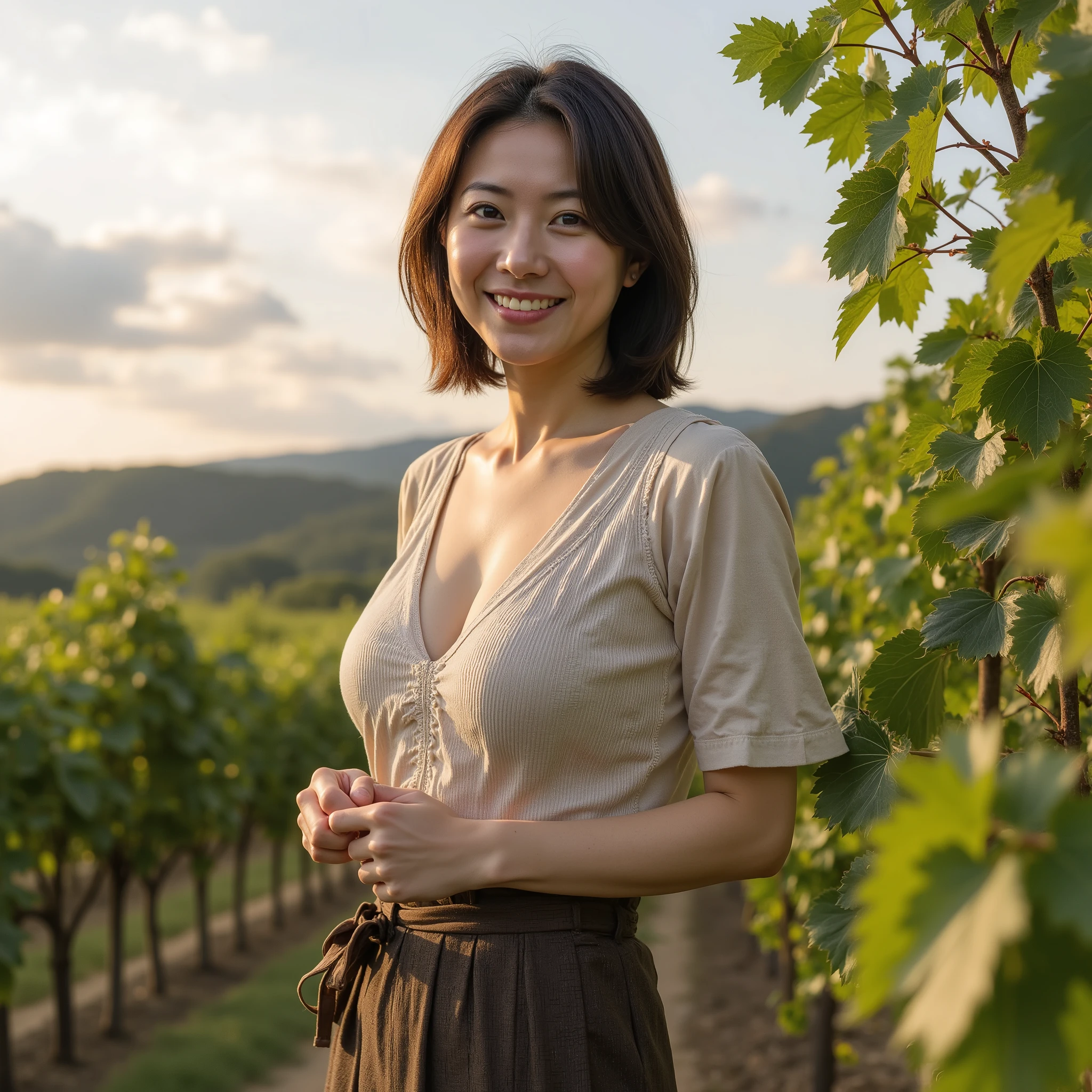 『A Japanese woman:1.3』『raw photo:1.3』Highest Quality:1.2、normal woman who isn't beautiful、Country-smelling 、(Saggy Chest、narrow waist:1.2))、((35 year old woman))、not wearing makeup『smiling:1.2』、(((anatomically correct、perfect anatomy、anatomically correct指の本数)))、Realistic, Highest Quality, ultra high definition, RAW photo, (thin waist:1.5)、Saggy Eyes、Round face outline、((A picture of a woman showing her whole body(A full body photo of a woman) - standing, long shot, full legs, elegant dress
:1.3))、((Full Body Portrait:1.3))、(((a full body photo of a woman, perfect hands, realistic fingers, 5 fingers on each hand, natural pose)))、in the sunset shining on gentle hills and a farm in the distance、The wind is gently shaking the leaves、A woman gently picking grapes in a vineyard and、static clouds are moving。
