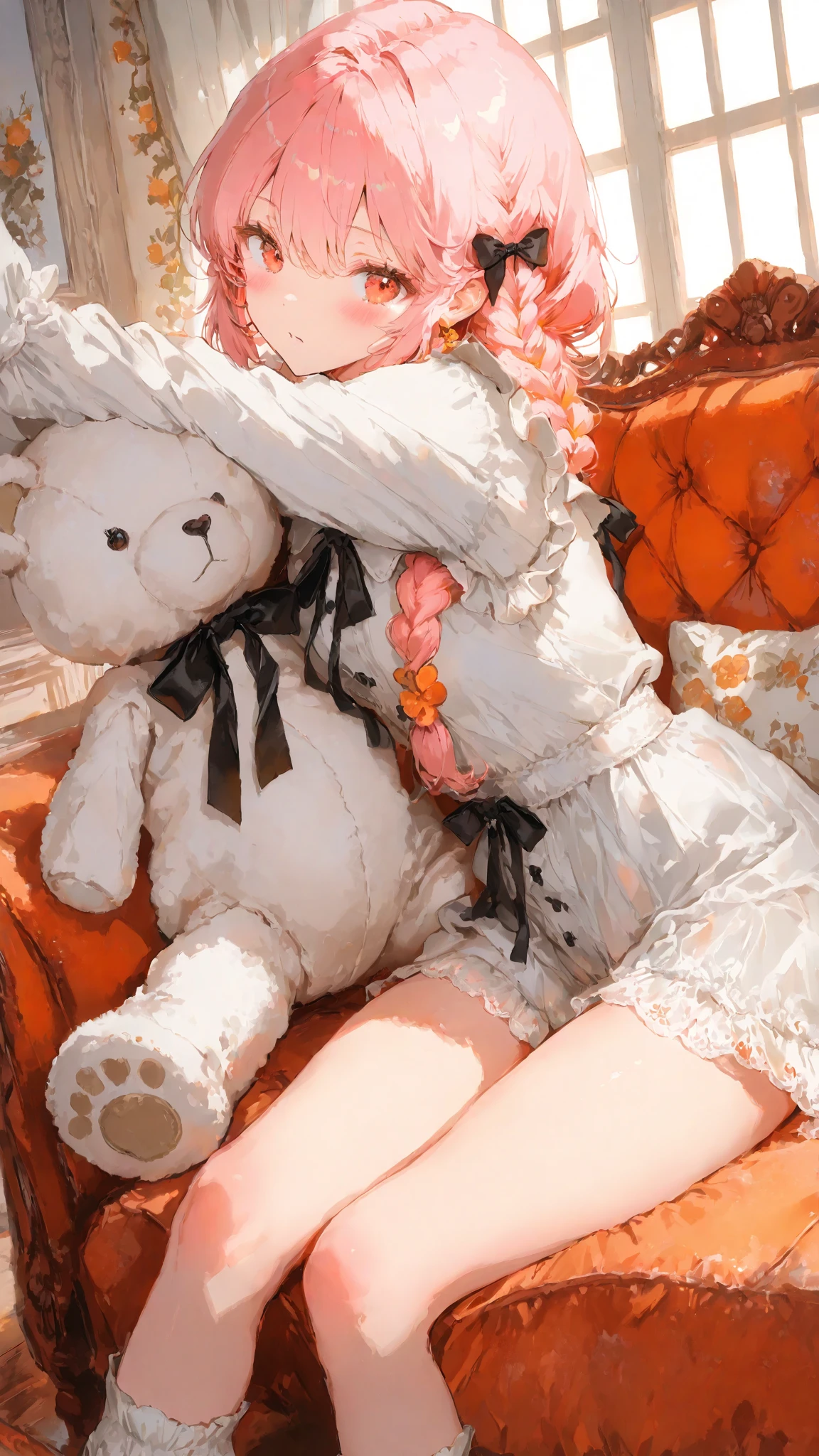 masterpiece, ((exquisitely illustrated)), masterfully rendered, intricately detailed,

Iroha, a cute girl with soft pink hair and a short braid on the right side near her ear, adorned with a black ribbon, with warm red eyes, sitting or reclining in a casual changing pose. she stretches her legs forward, wearing a slightly translucent outfit that subtly shows soft skin. a fluffy white teddy bear with a red ribbon rests nearby. her expression is playful or slightly surprised, in a cute, cozy room.

soft light gently illuminates her thighs and outfit with warm orange and yellow tones to enhance fabric texture, while the scene is colorful yet harmonious, prioritizing skin value. high-angle composition, soft ambient light, minimal haze, in Anmi style. /4K.s†