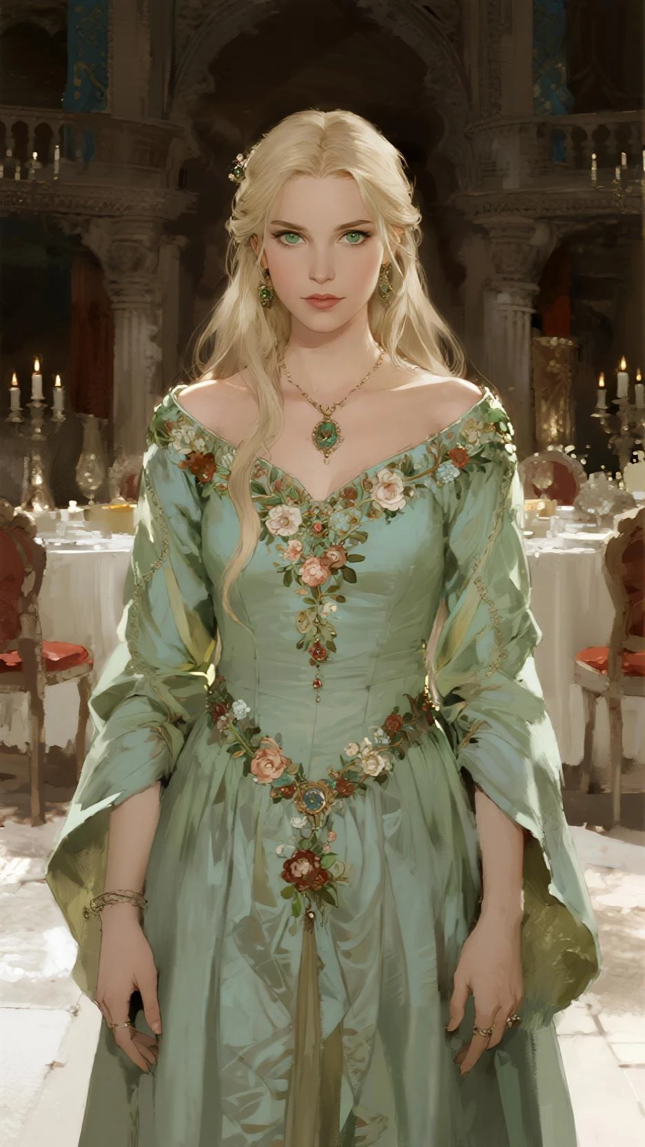 Baroque painting .
a young woman with white hair with dark green eyes and creamy white skin and lips as pink as a strawberry and with freckles, wearing a green silk dress highlighting her figure as a royal lady.