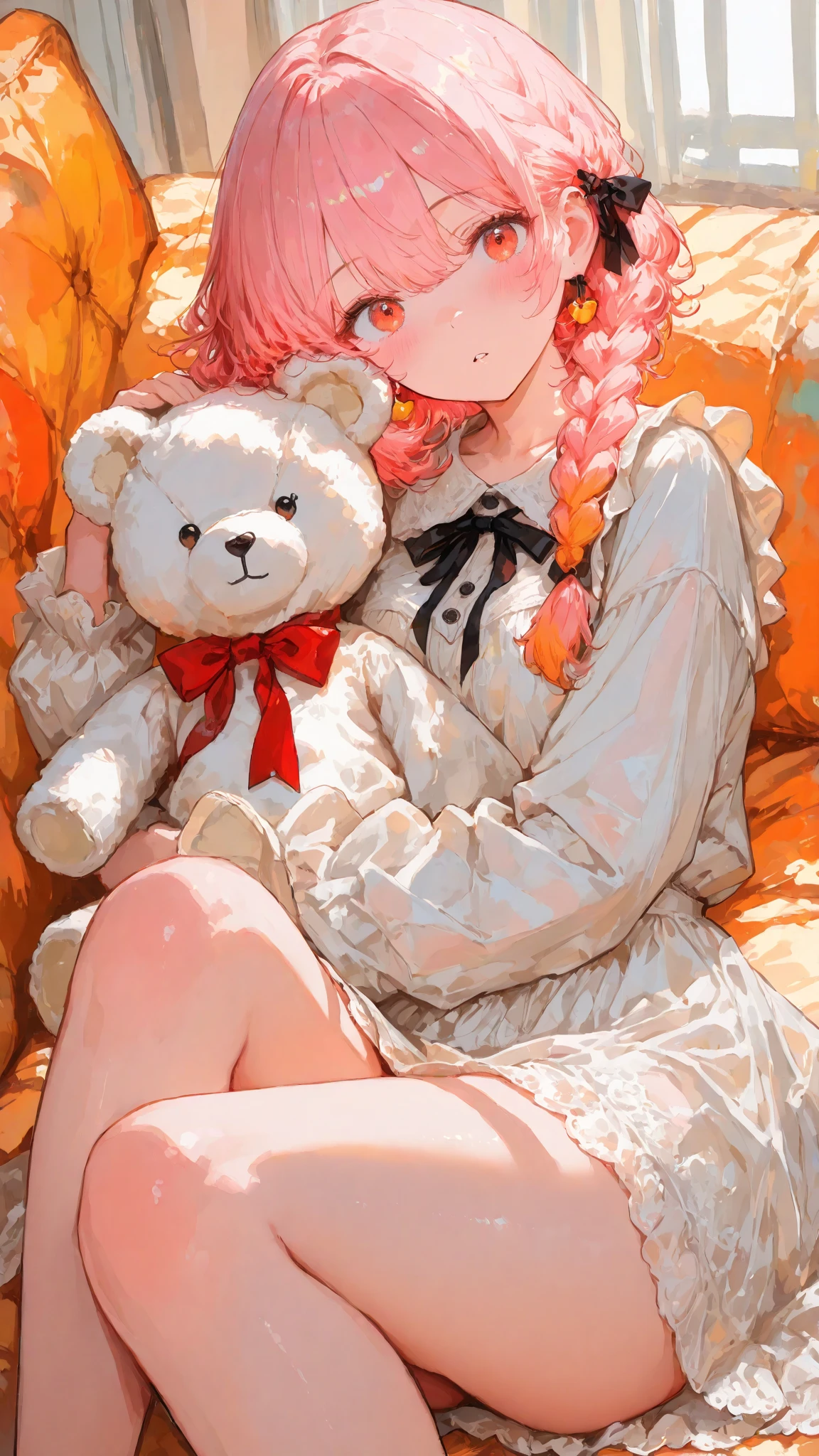 masterpiece, ((exquisitely illustrated)), masterfully rendered, intricately detailed,

Iroha, a cute girl with soft pink hair and a short braid on the right side near her ear, adorned with a black ribbon, with warm red eyes, sitting or reclining in a casual changing pose. she stretches her legs forward, wearing a slightly translucent outfit that subtly shows soft skin. a fluffy white teddy bear with a red ribbon rests nearby. her expression is playful or slightly surprised, in a cute, cozy room.

soft light gently illuminates her thighs and outfit with warm orange and yellow tones to enhance fabric texture, while the scene is colorful yet harmonious, prioritizing skin value. high-angle composition, soft ambient light, minimal haze, in Anmi style. /4K.s†