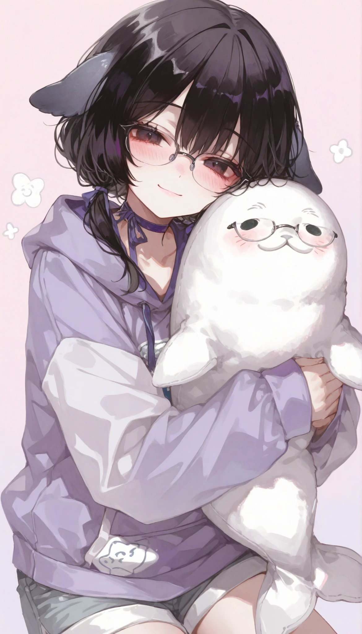 1girl, girl with short black hair, (ribbon choker, shorts, glasses, pastel purple hoodie, blush, smile, seal ears: 1.3, holding white seal plushie: 1.3), dark eyes, (masterpiece, pastel pink background)