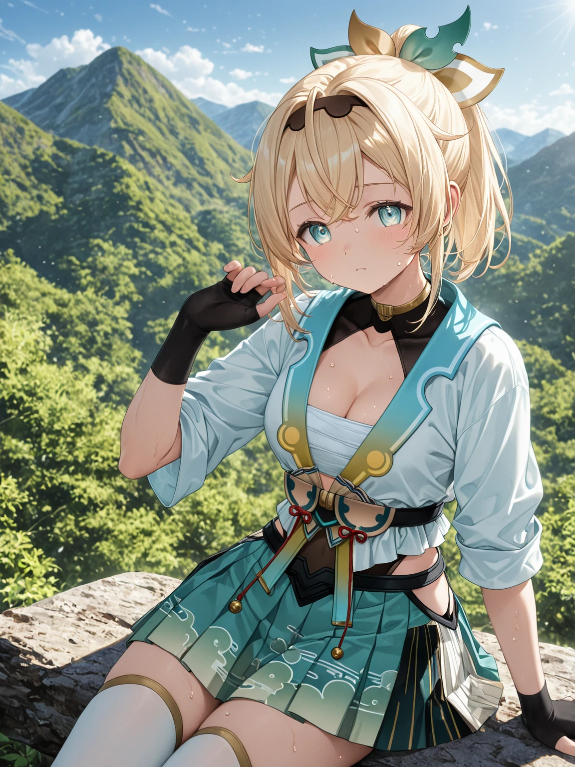 masterpiece, best quality, highres, 1girl, kazama iroha, blonde hair, fingerless gloves, gloves, sarashi, thighhighs, japanese clothes, white thighhighs, skirt, haori, black gloves, hairband, bangs, sheathed, pleated skirt, ponytail, chest sarashi, breasts, sheath, blue eyes, hair between eyes, black hairband, hair ornament, leaf hair ornament, long sleeves, covered navel, miniskirt, large breasts, <lora:kazama_iroha_v1:0.6>, upper body, smile, outdoors,